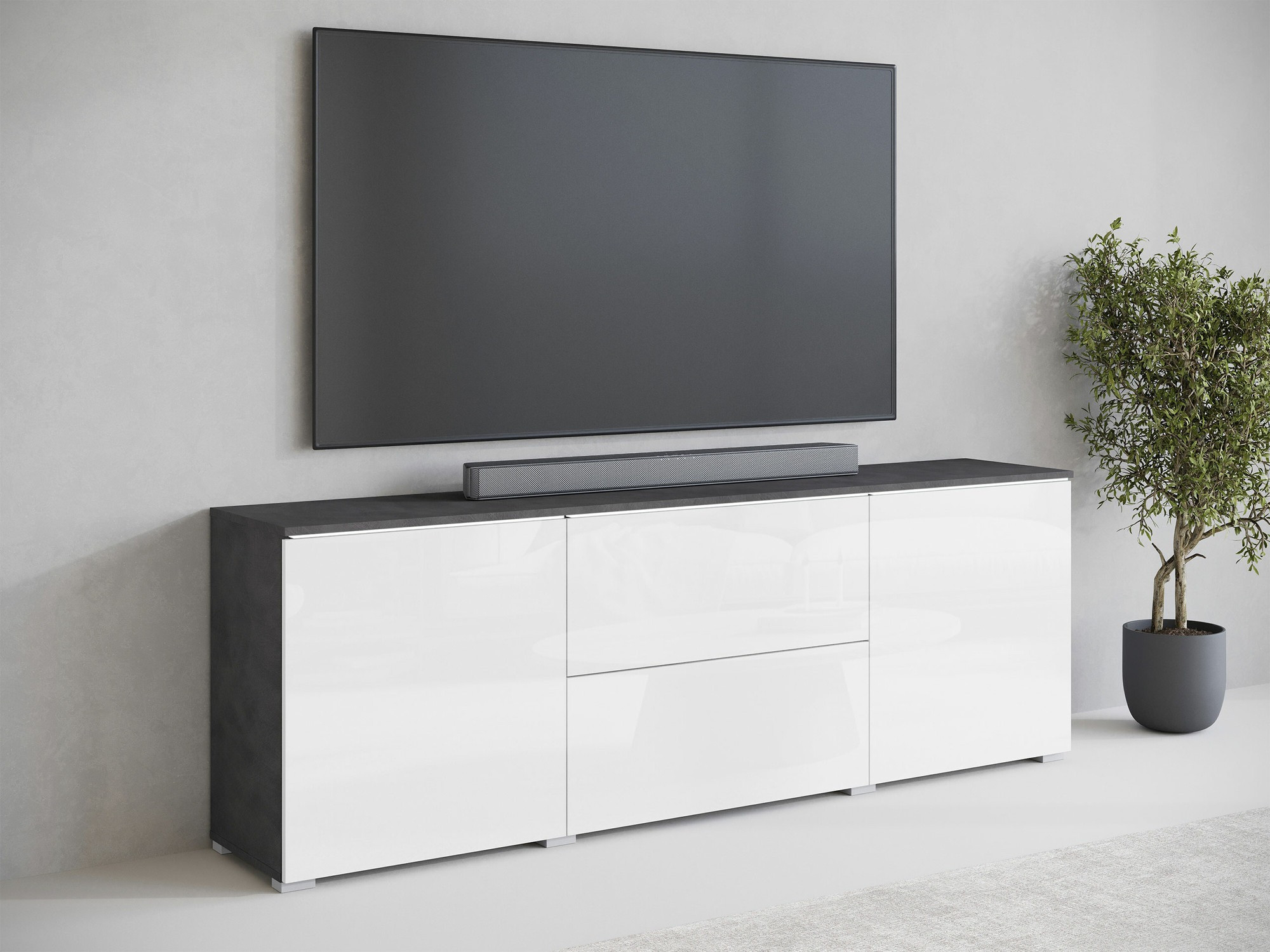 Meuble TV Mirfivo 104 (Matera gris + Blanc brillant)