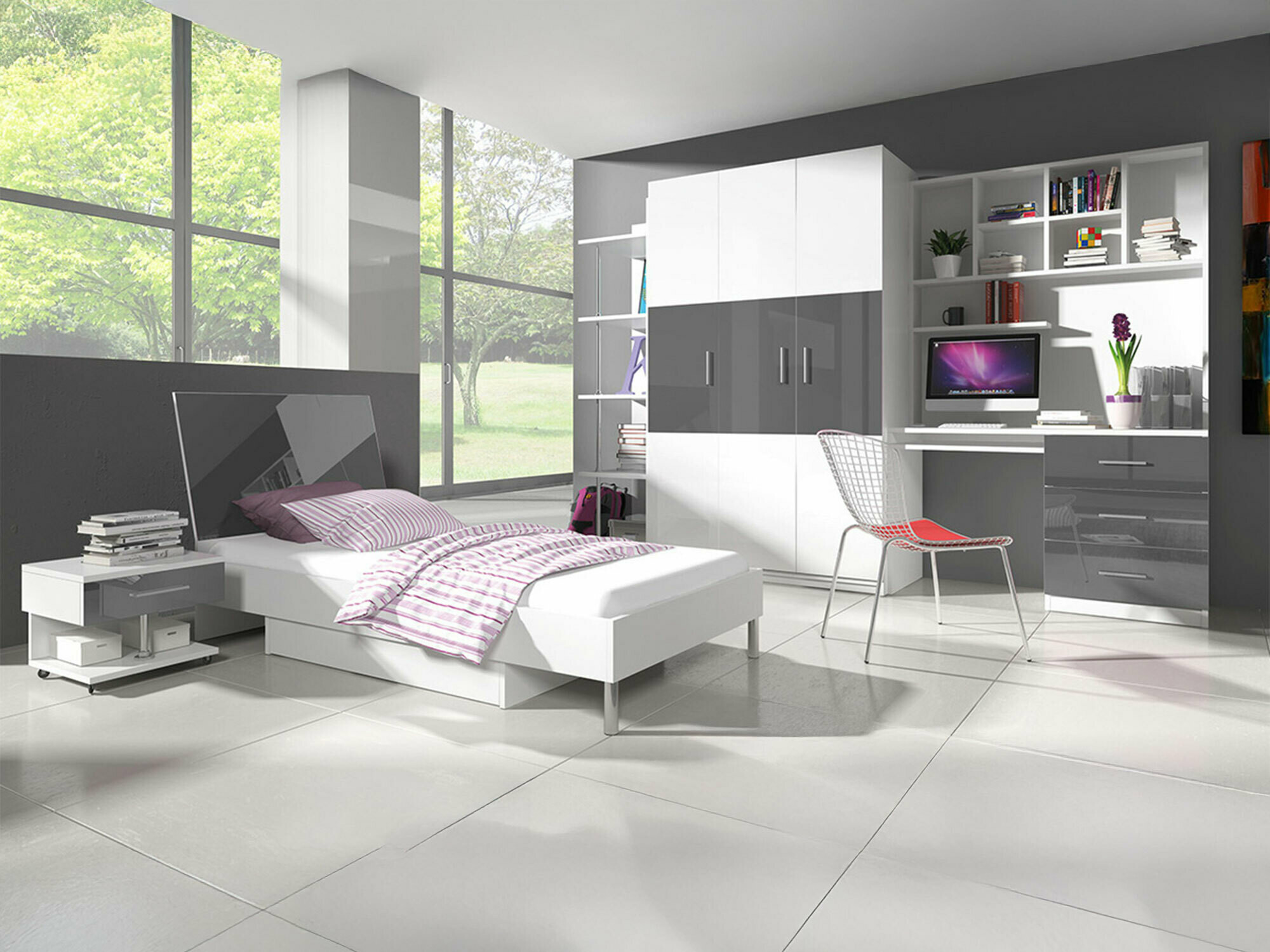 Chambre enfant complète Campus (Blanc brillant + Gris brillant)