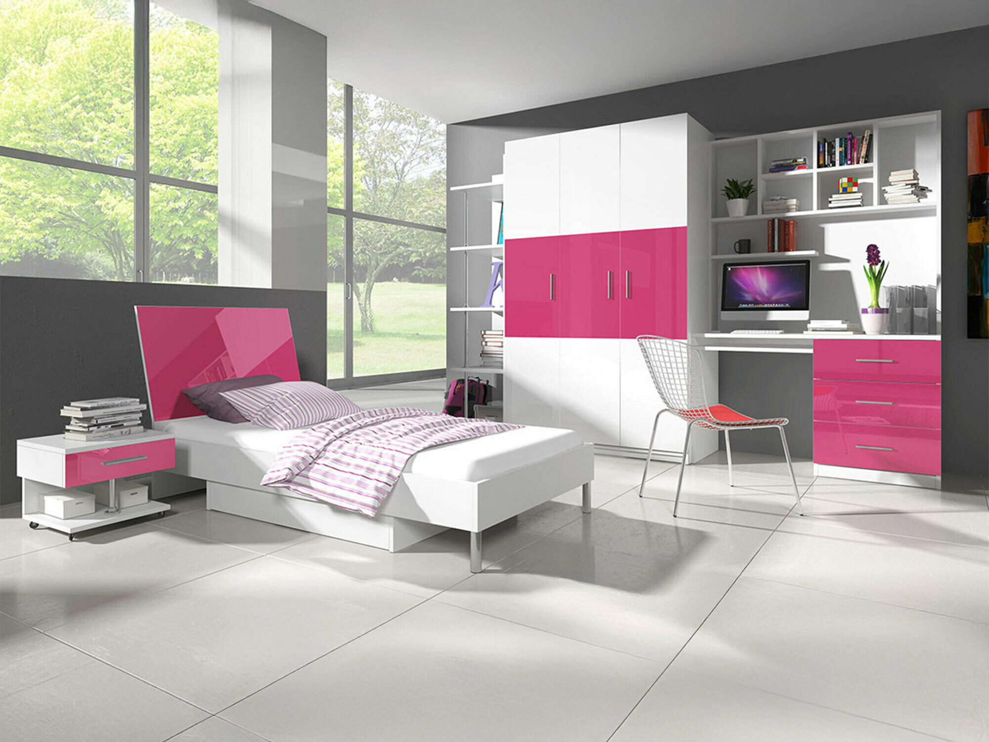 Chambre enfant complète Campus (Blanc brillant + Rose brillant)