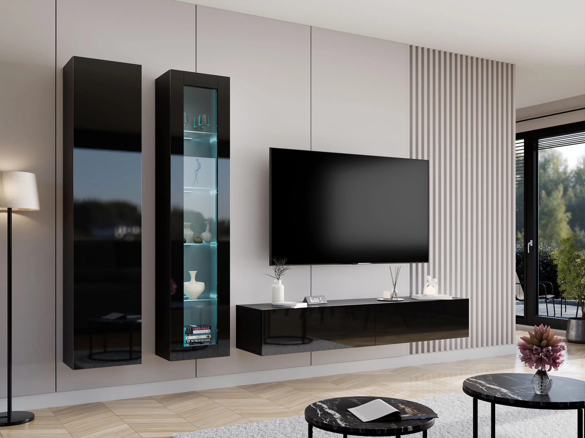 Meuble TV Vilrin I (Noir + Noir brillant)