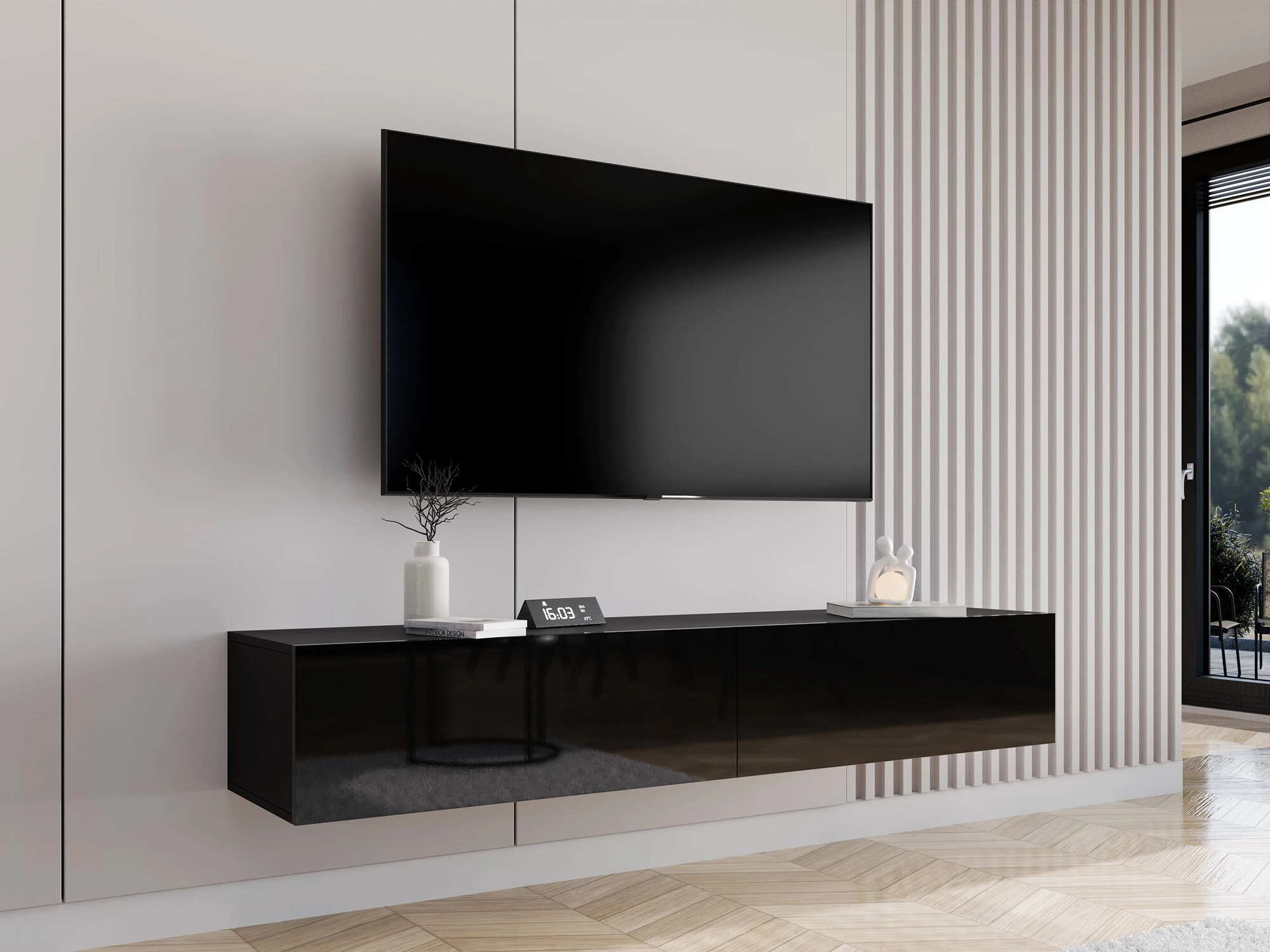 Meuble TV Vilrin I (Noir + Noir brillant)