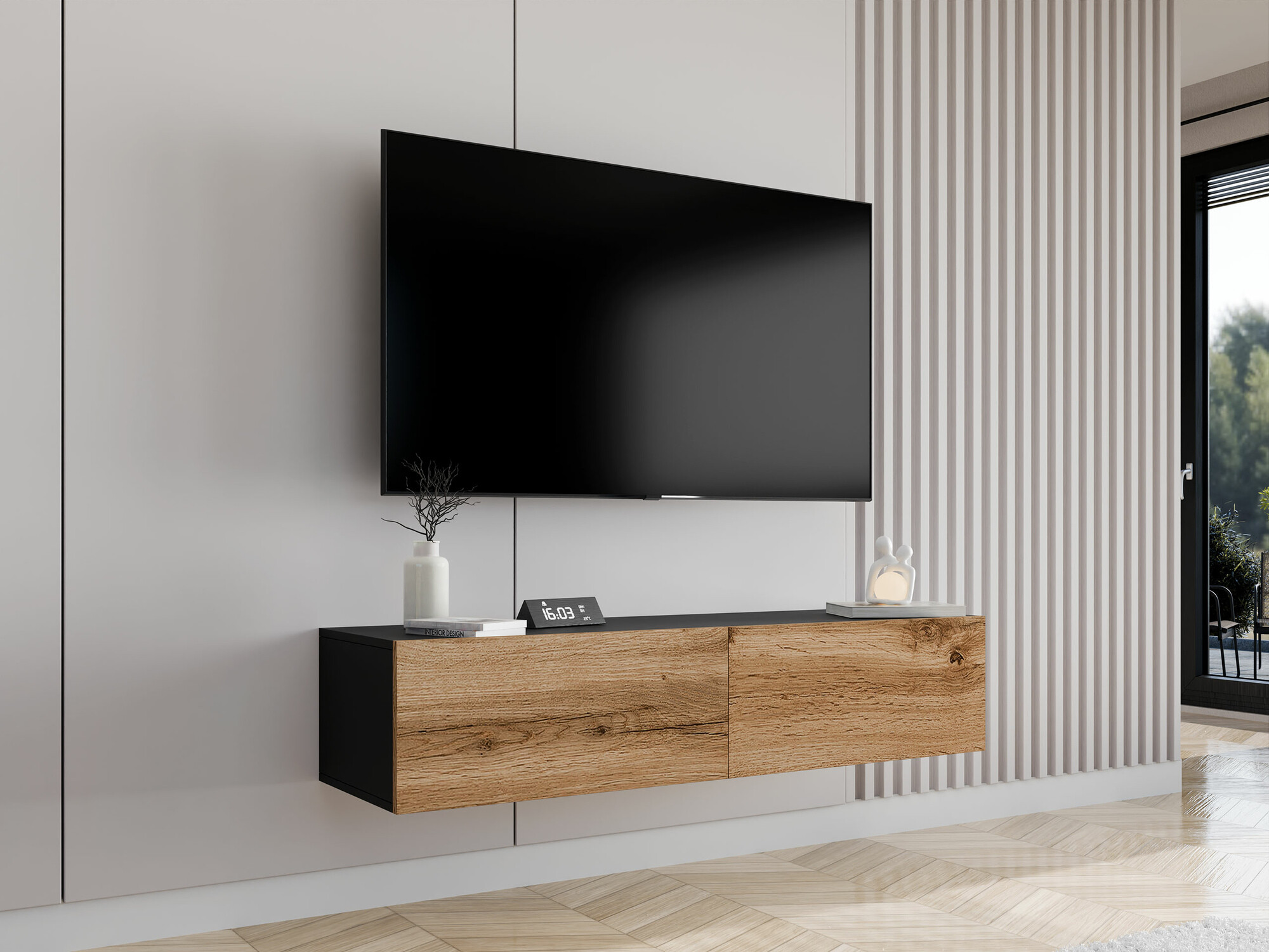 Meuble TV Vilrin II (Noir + Chêne wotan)
