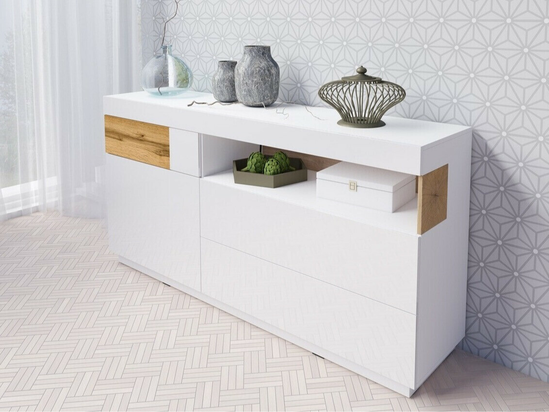 Commode Livlore 107 (Blanc + Blanc brillant + Chêne wotan)