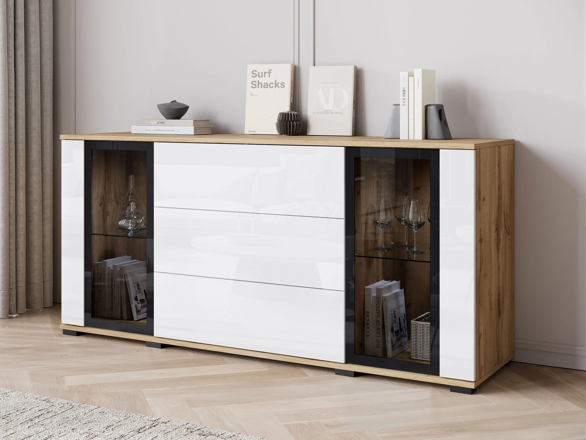 Commode Torcame 101 (Chêne wotan + Blanc brillant)