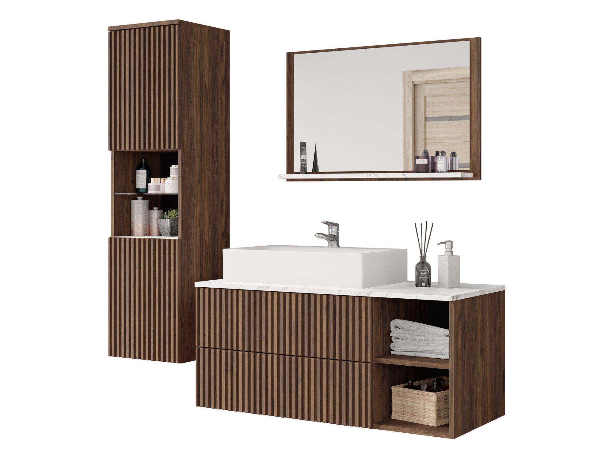 Ensemble de salle de bain Ophruvi 104 (Noyer + Marbre blanc)