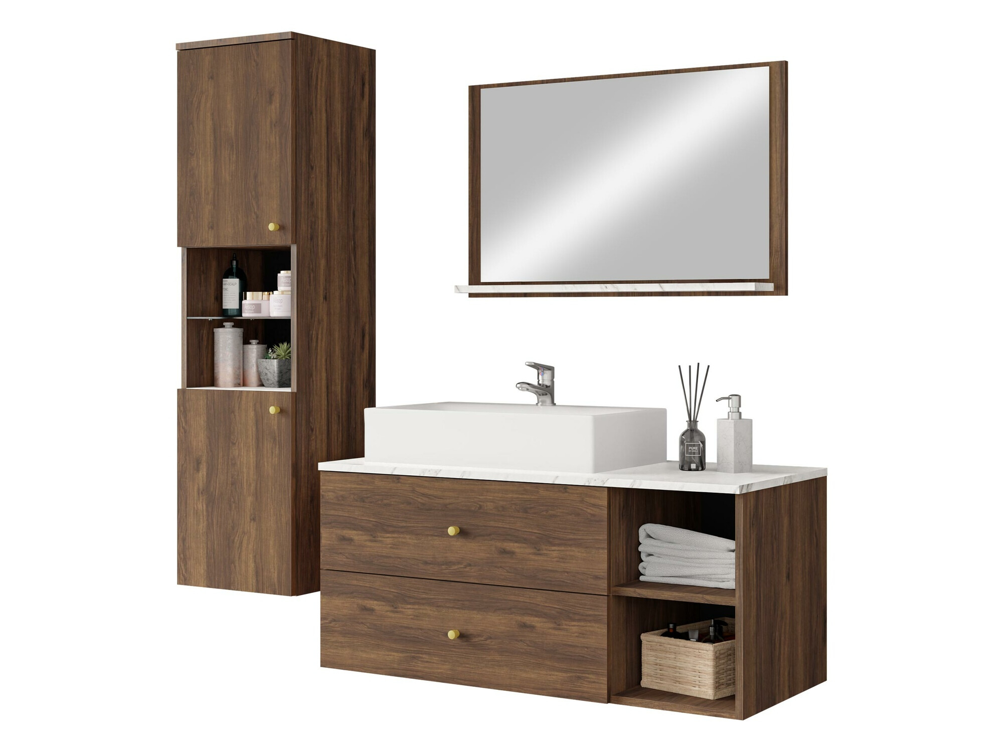 Ensemble de salle de bain Salus II (Noyer + Marbre blanc)