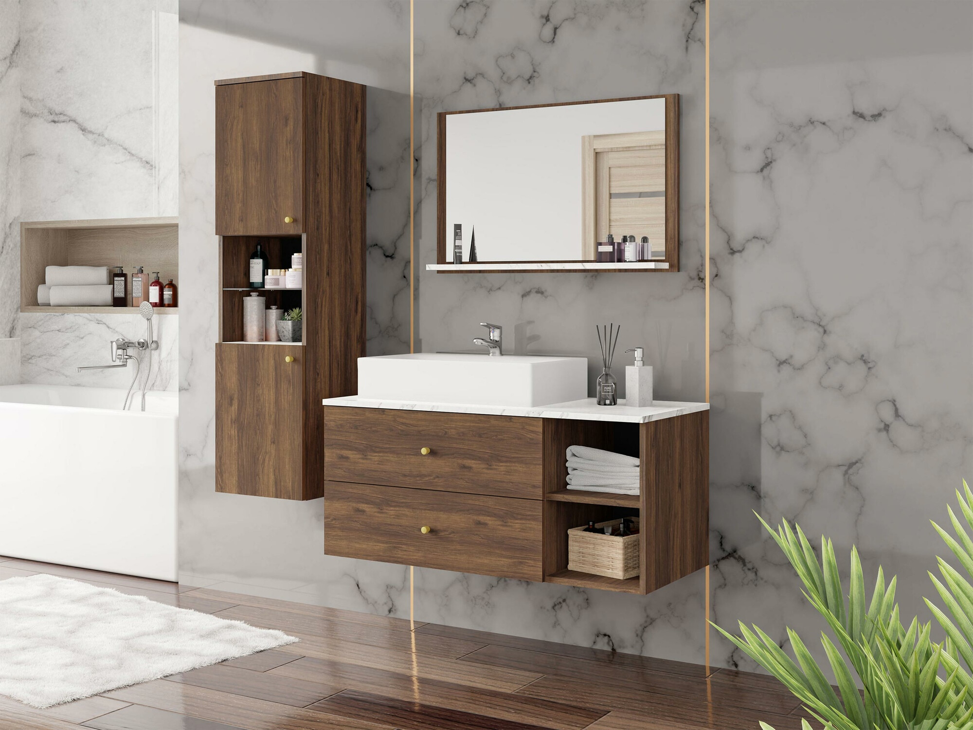 Ensemble de salle de bain Salus II (Noyer + Marbre blanc)