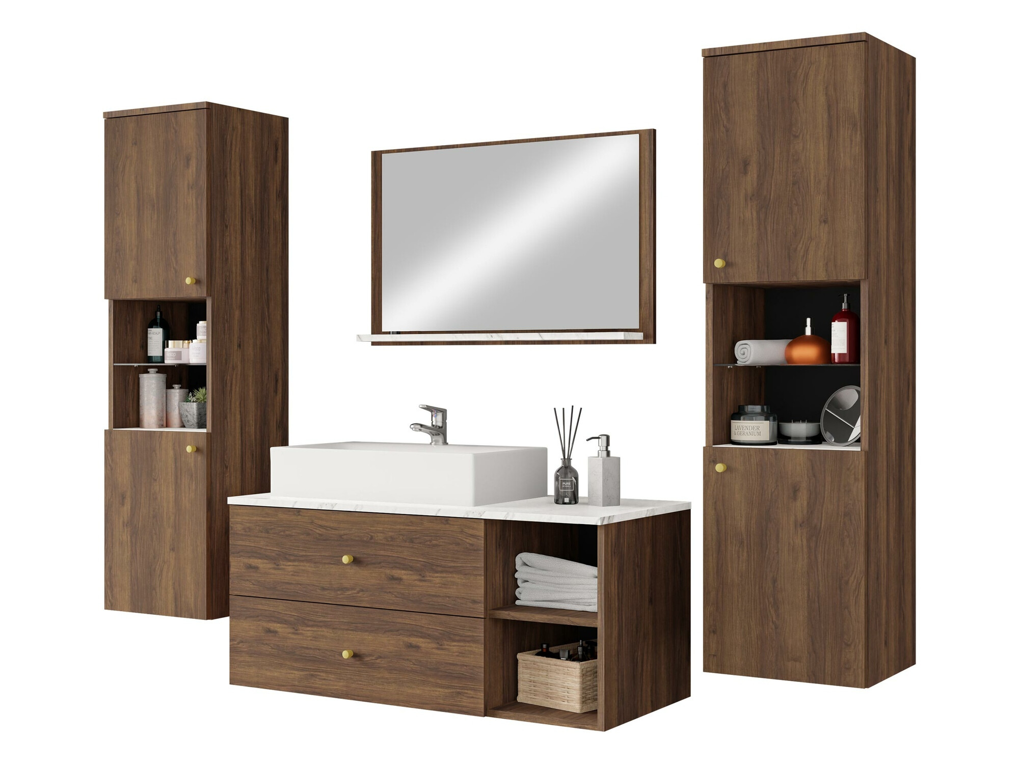 Ensemble de salle de bain Salus III (Noyer + Marbre blanc)