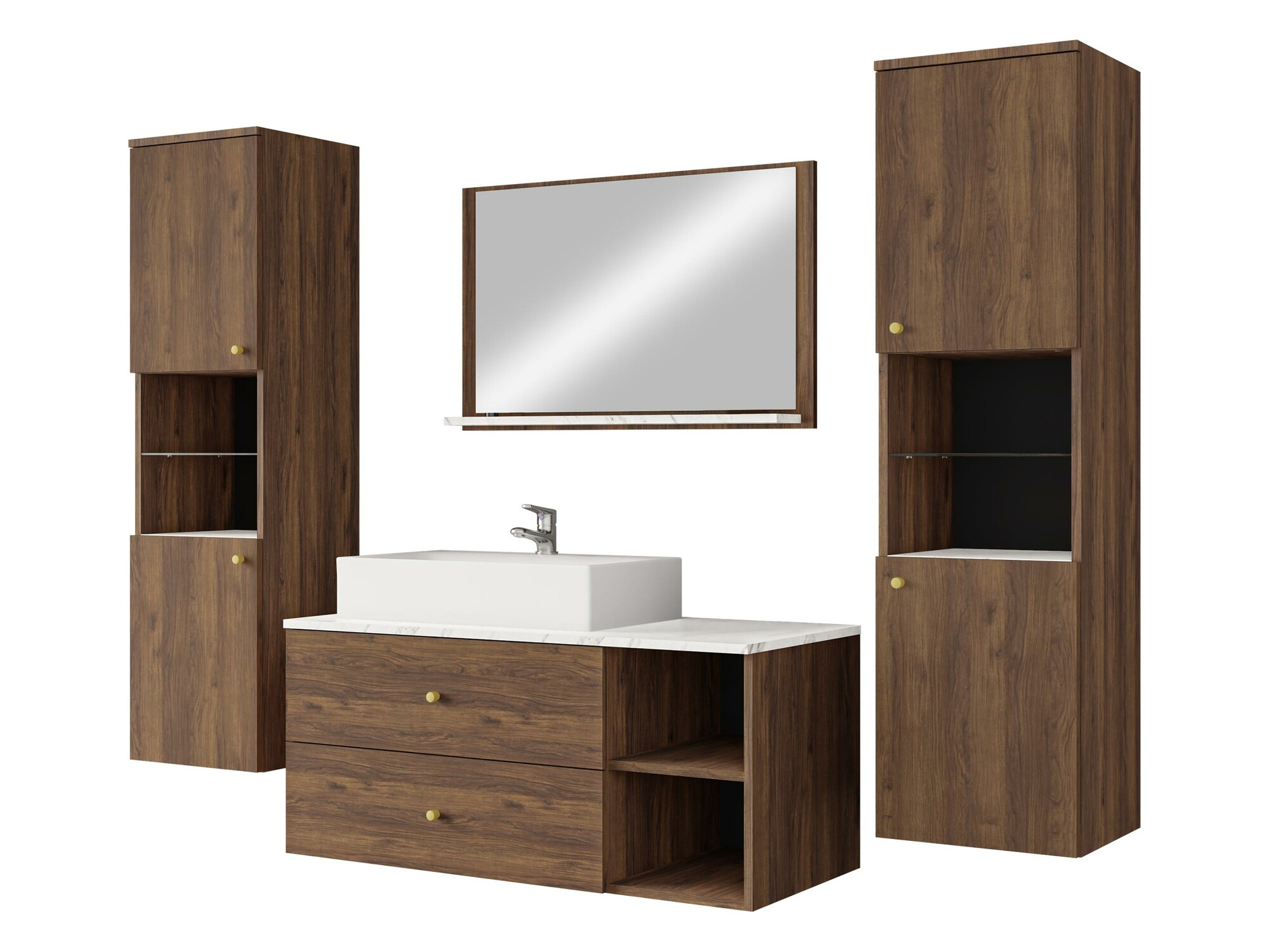 Ensemble de salle de bain Salus III (Noyer + Marbre blanc)