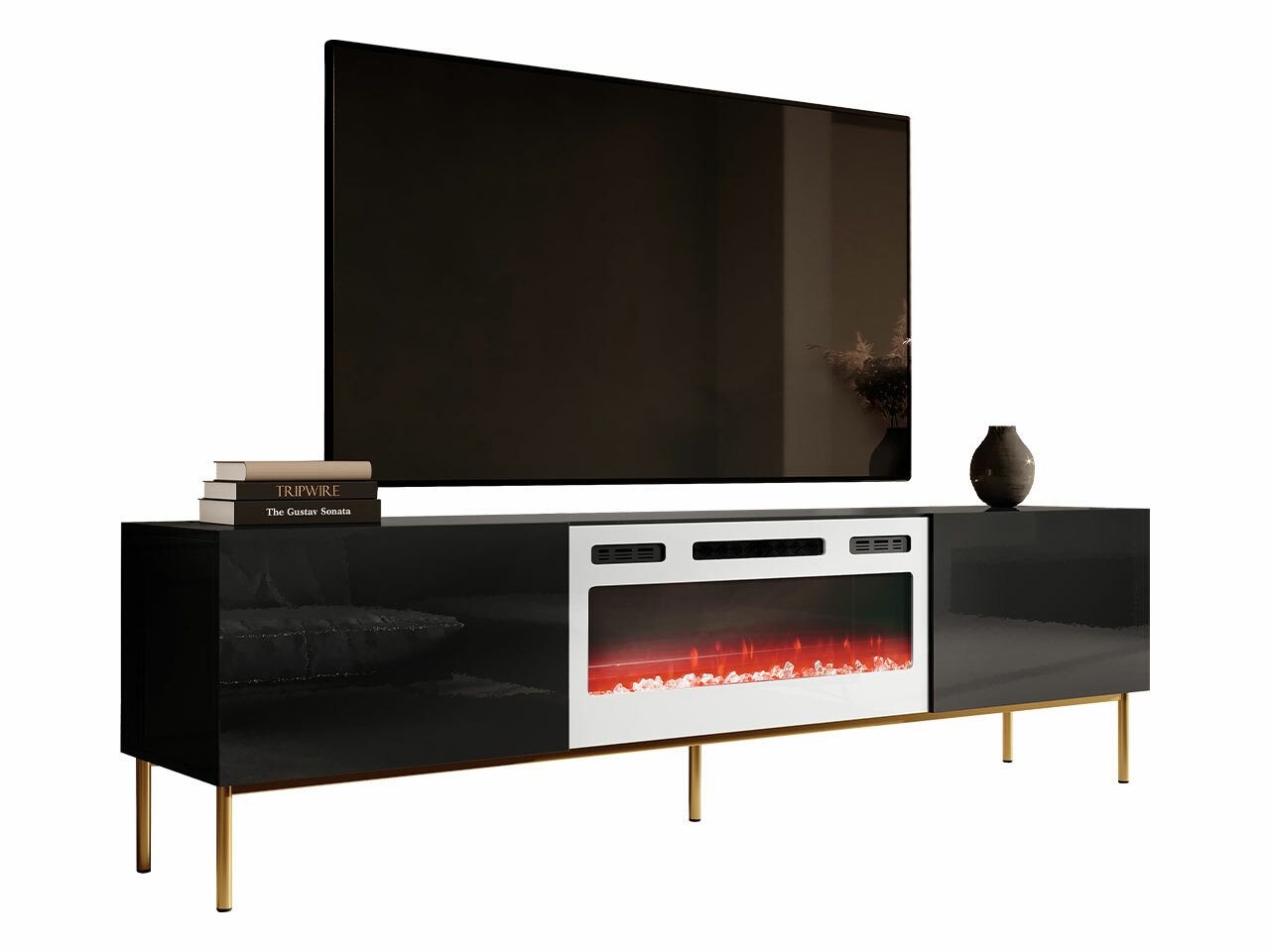 Meuble TV Charlotte 163 (Noir + Noir brillant + Doré)