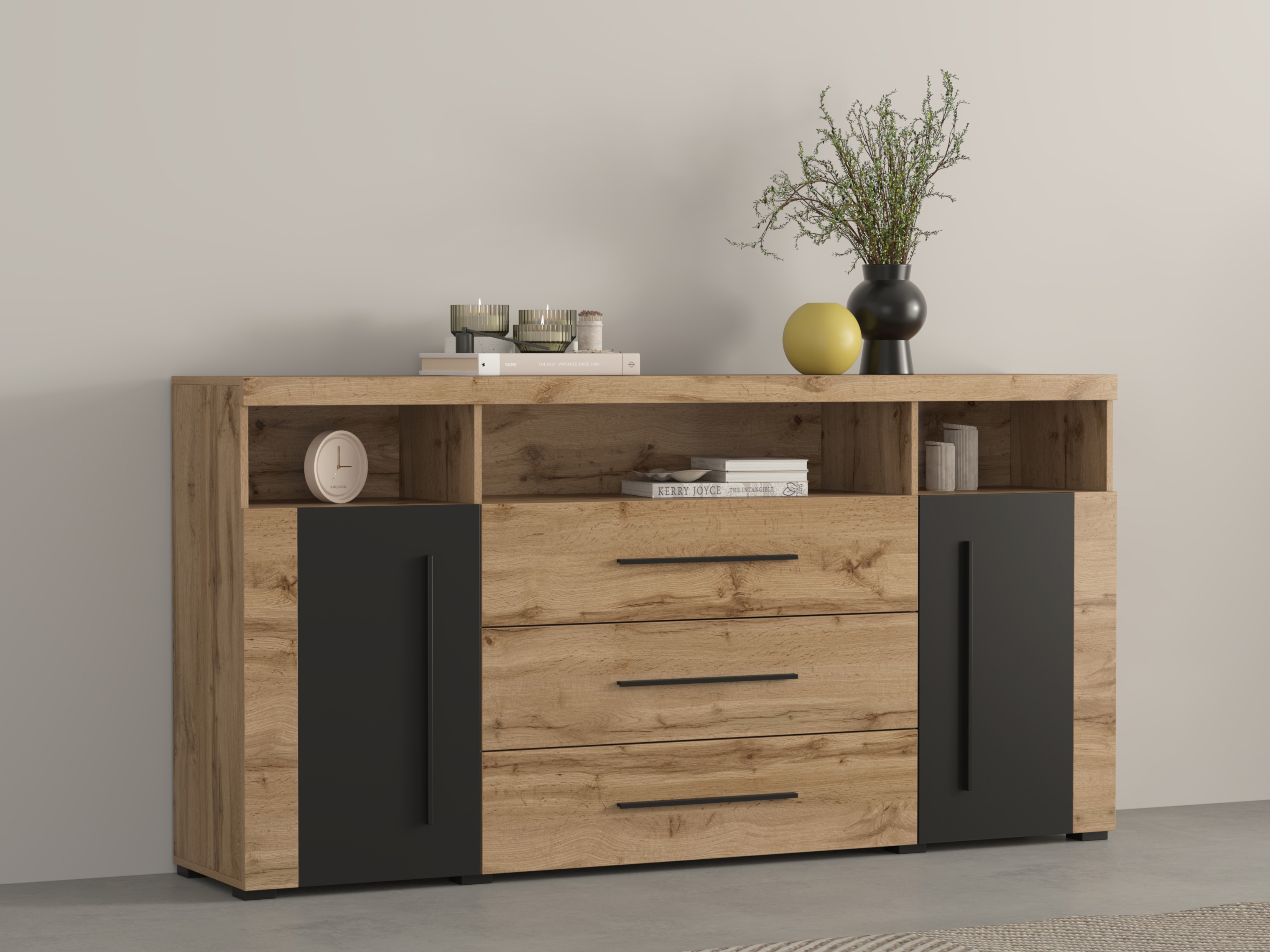 Commode Sorciro 100 (Noir + Chêne wotan)