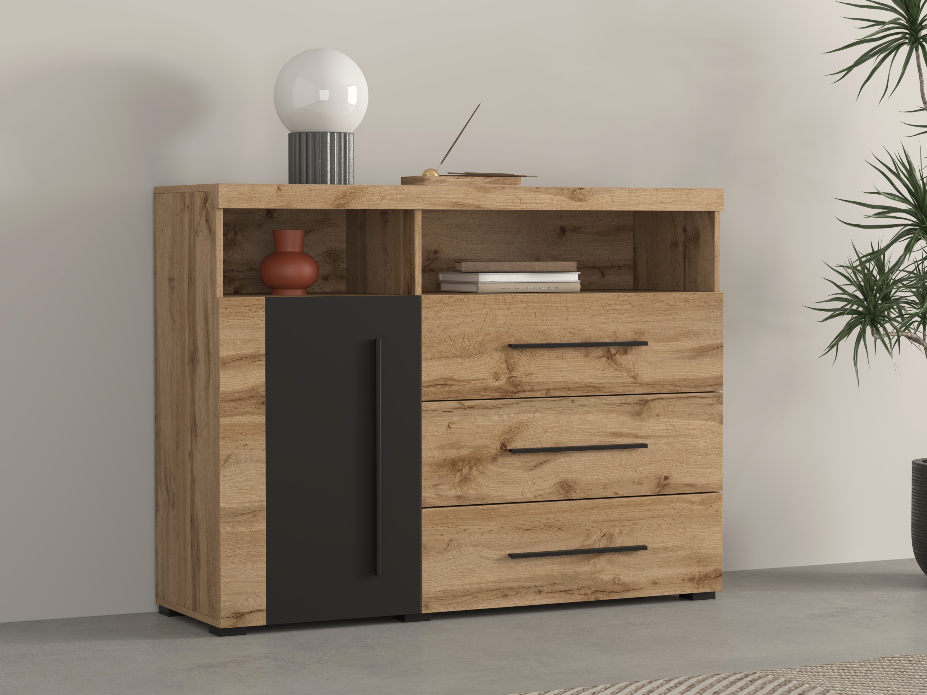 Commode Sorciro 102 (Noir + Chêne wotan)