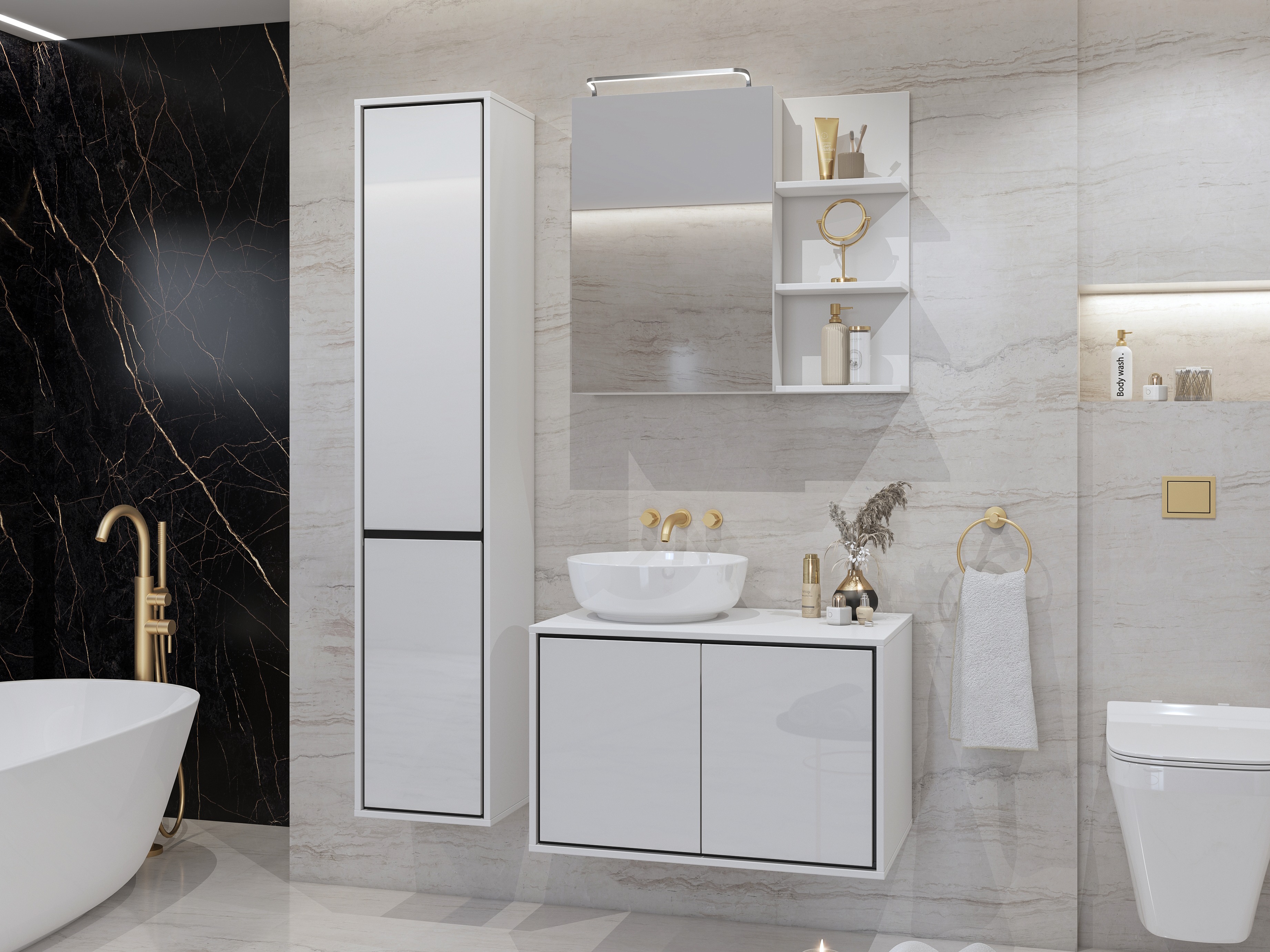 Armoire de salle de bain murale Tecavu 101 (Blanc brillant + Blanc)