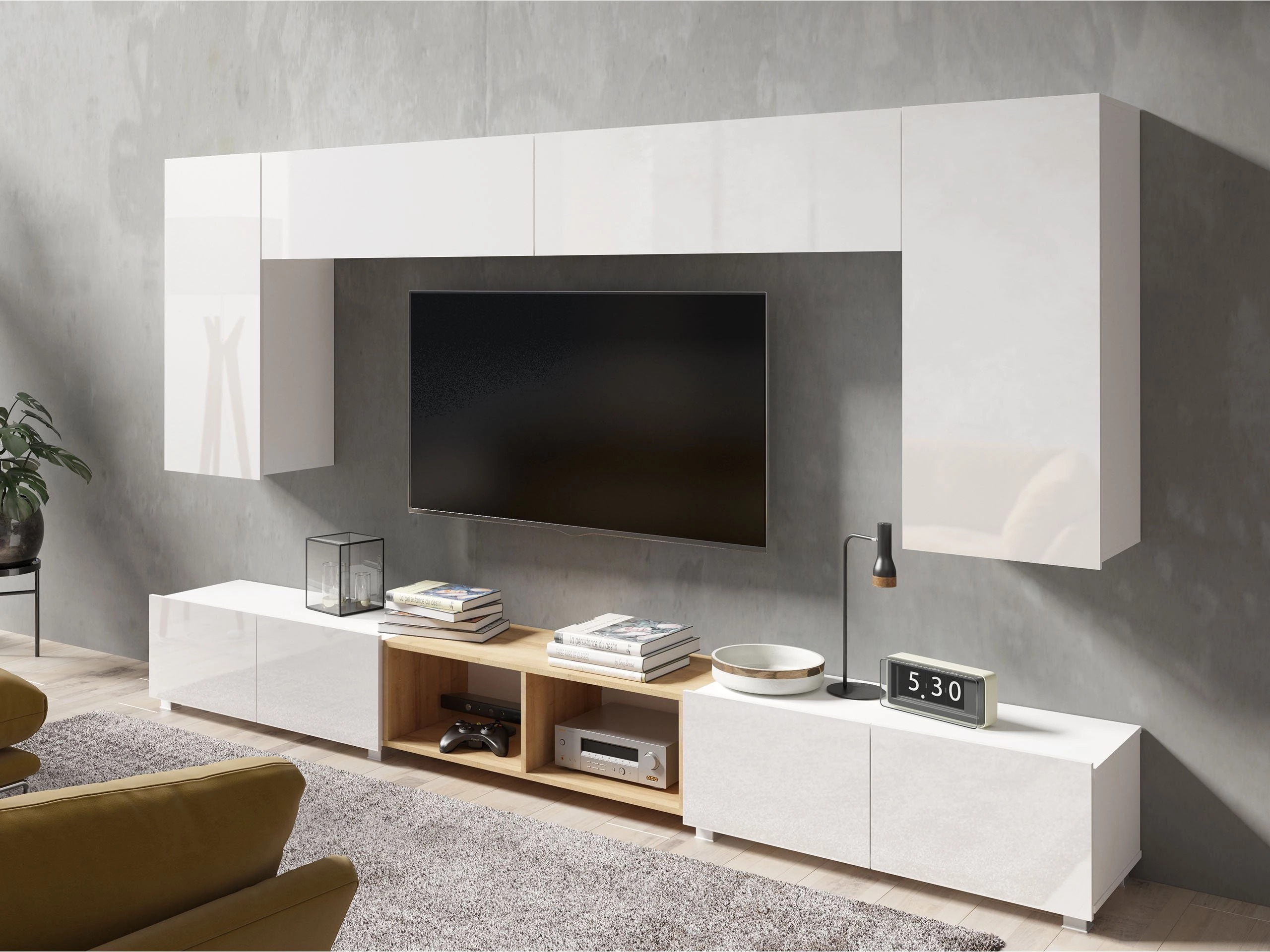 Ensemble de salon Remus XXIII (Blanc + Blanc brillant + Chêne doré)