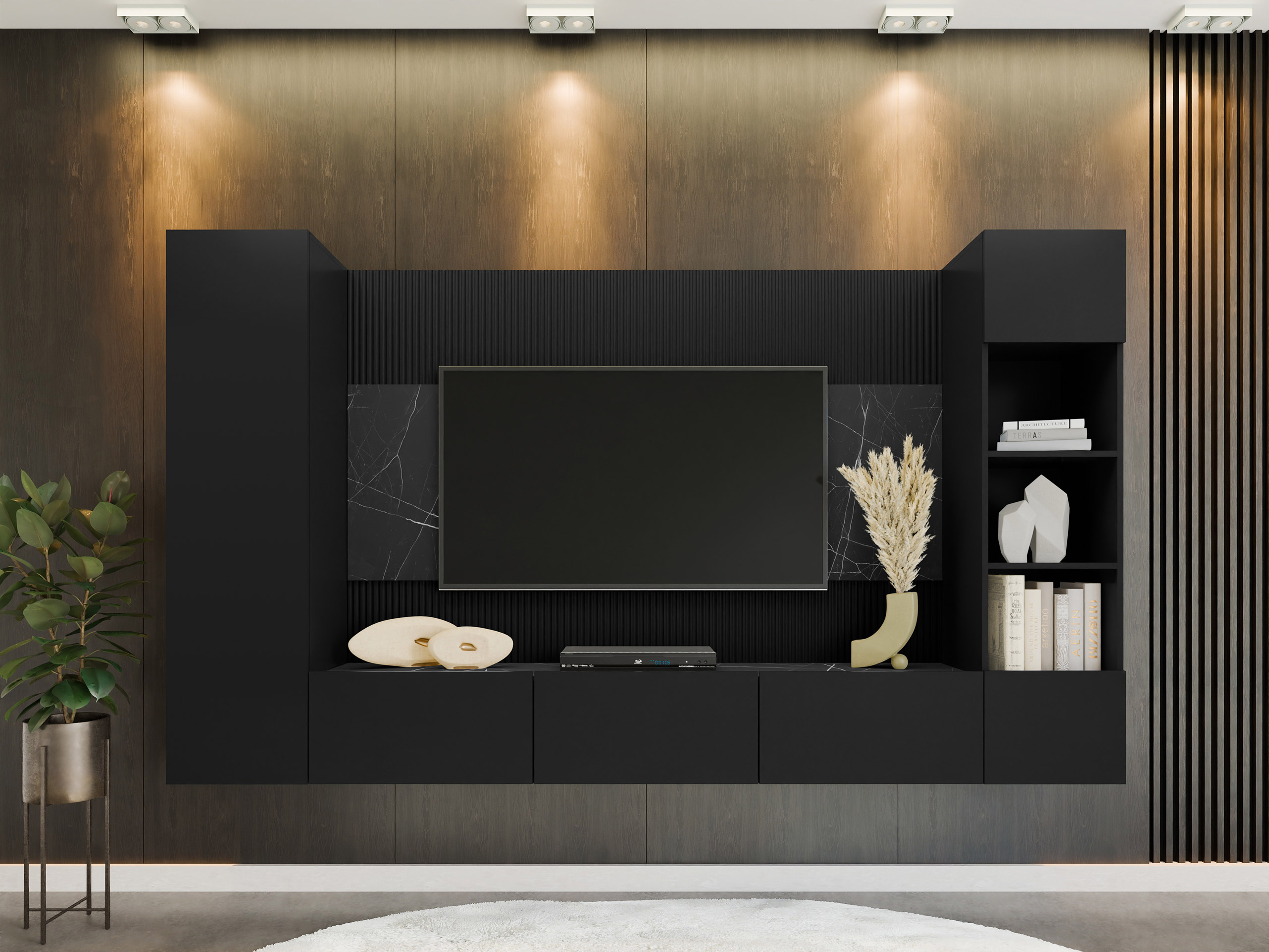 Ensemble de salon Comfivo Salix IV (Noir + Marbre noir)