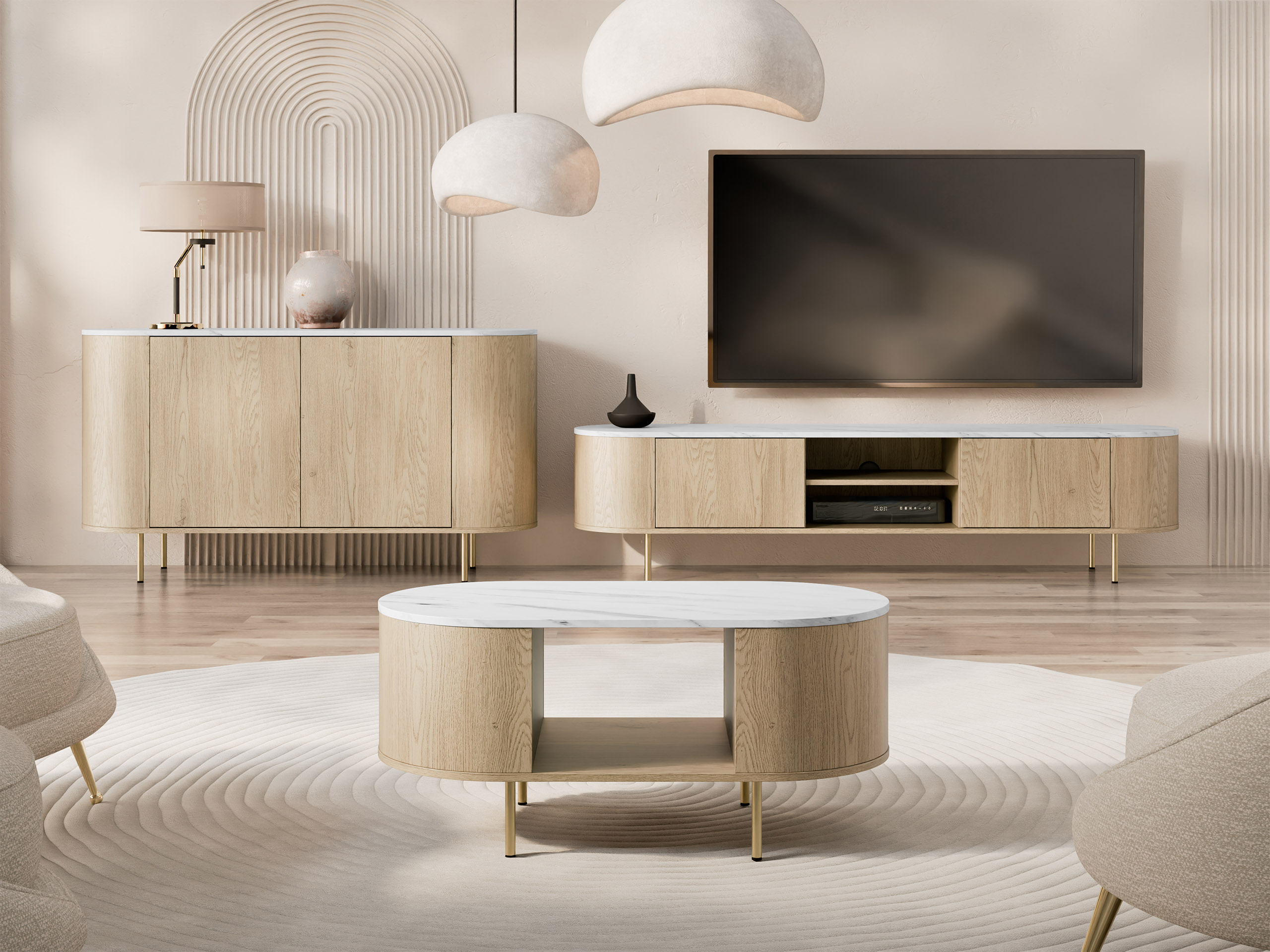 Ensemble de salon Comfivo Livtena (Marbre blanc + Doré)