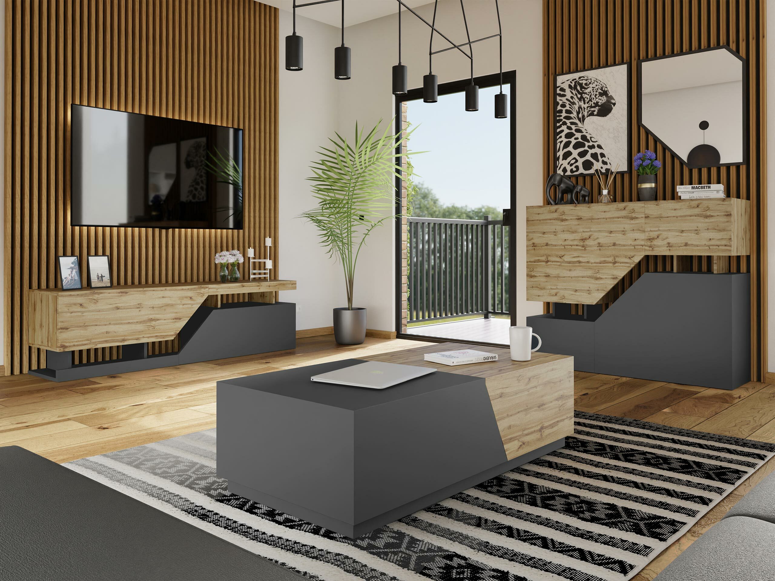 Ensemble de salon Comfivo Daldune 103 (Chêne wotan + Anthracite)