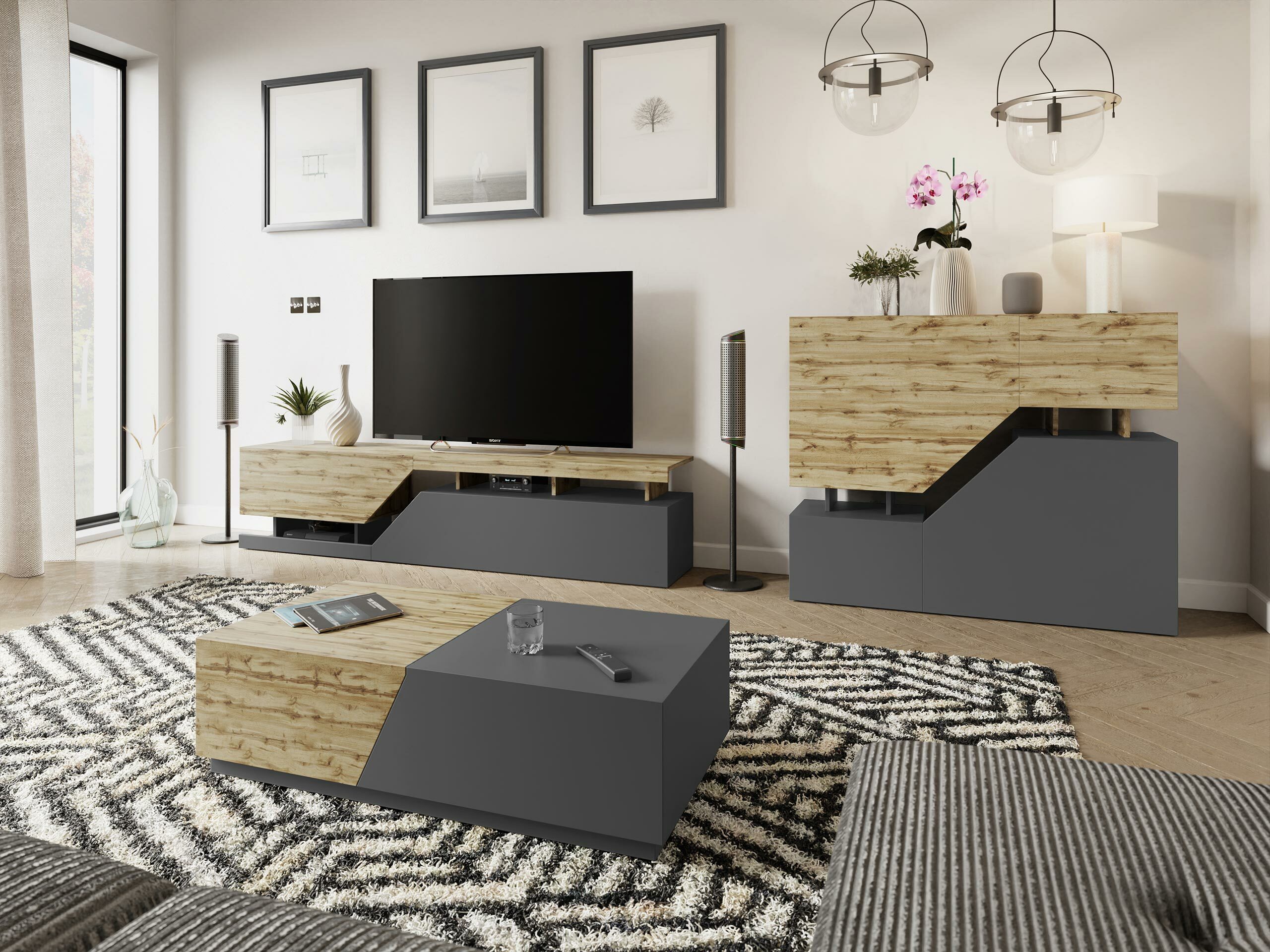 Ensemble de salon Comfivo Daldune II (Chêne wotan + Anthracite)