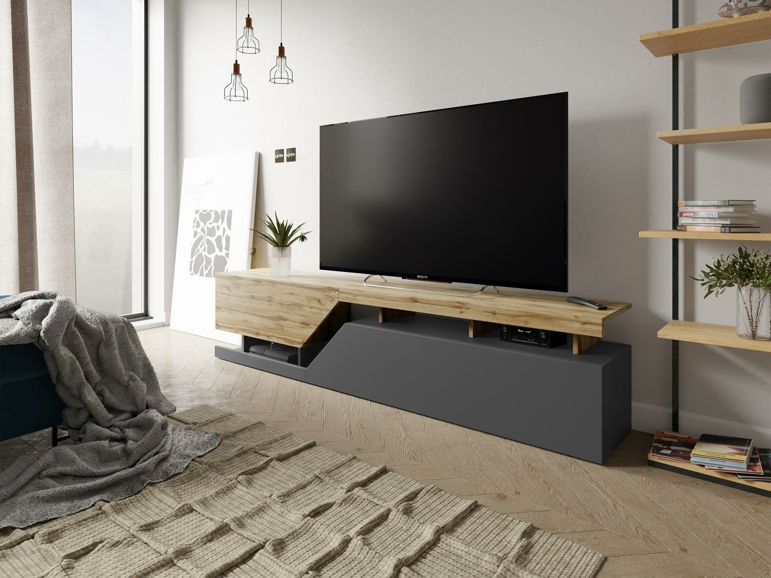 Meuble TV Comfivo Daldune I (Chêne wotan + Anthracite)