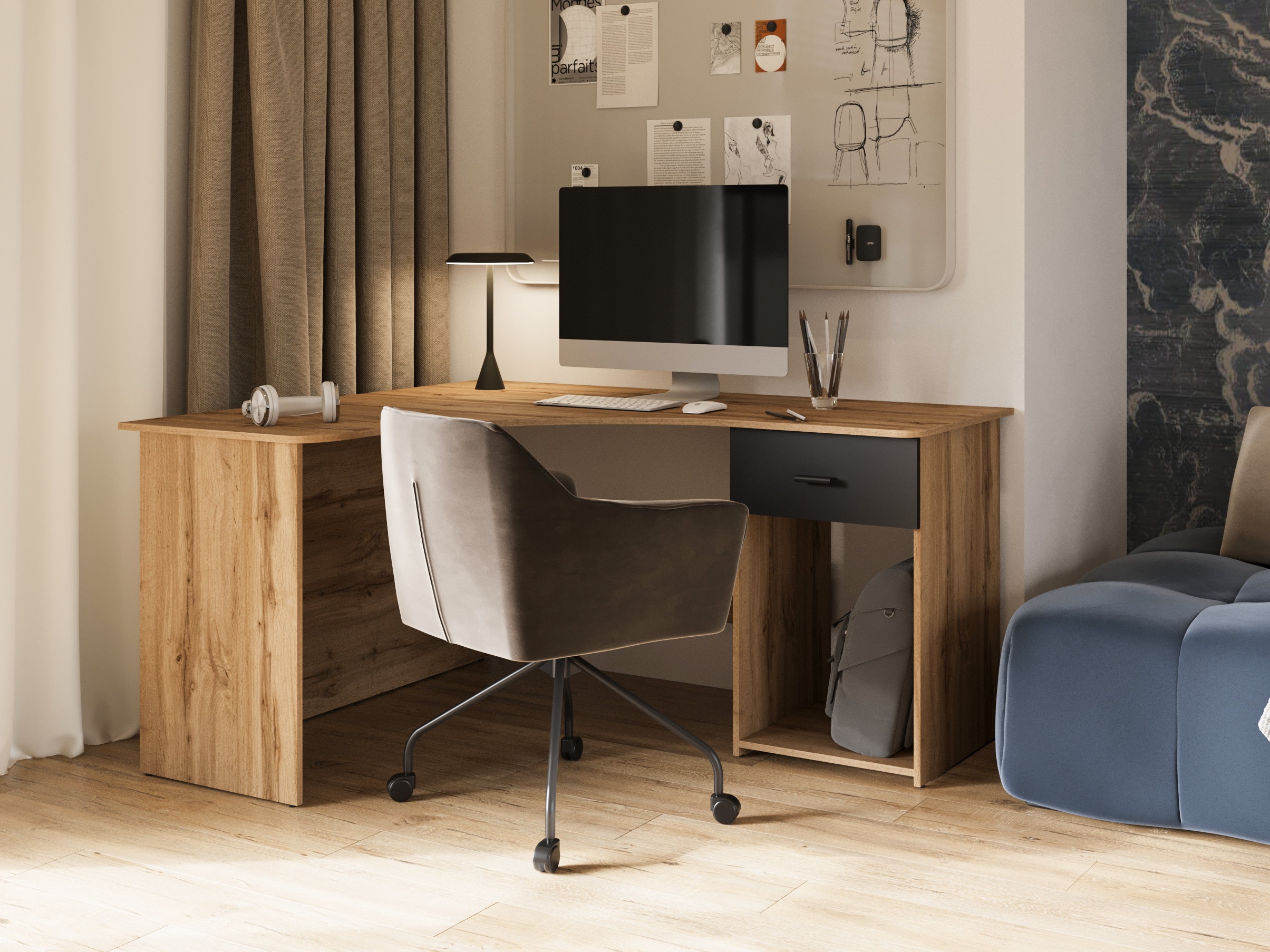 Bureau d'angle Austin 303 (Chêne wotan + Noir)