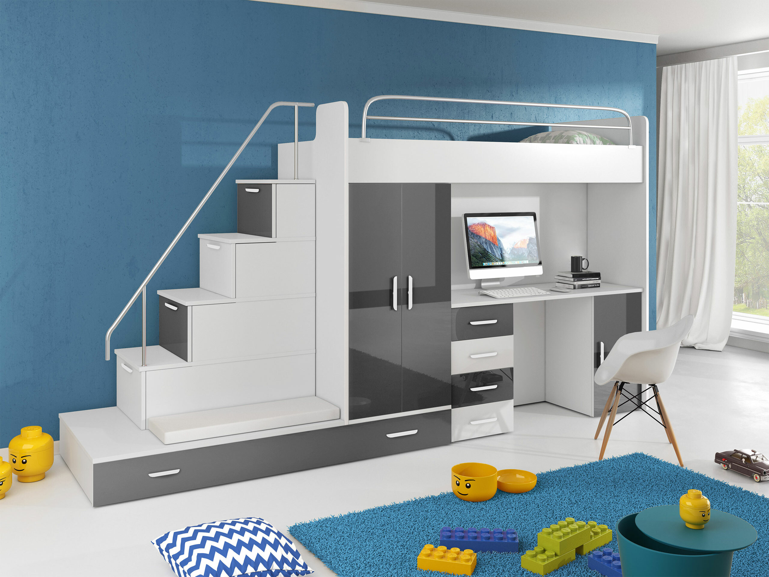 Chambre enfant complète Campus I (Blanc + Blanc brillant + Gris brillant)
