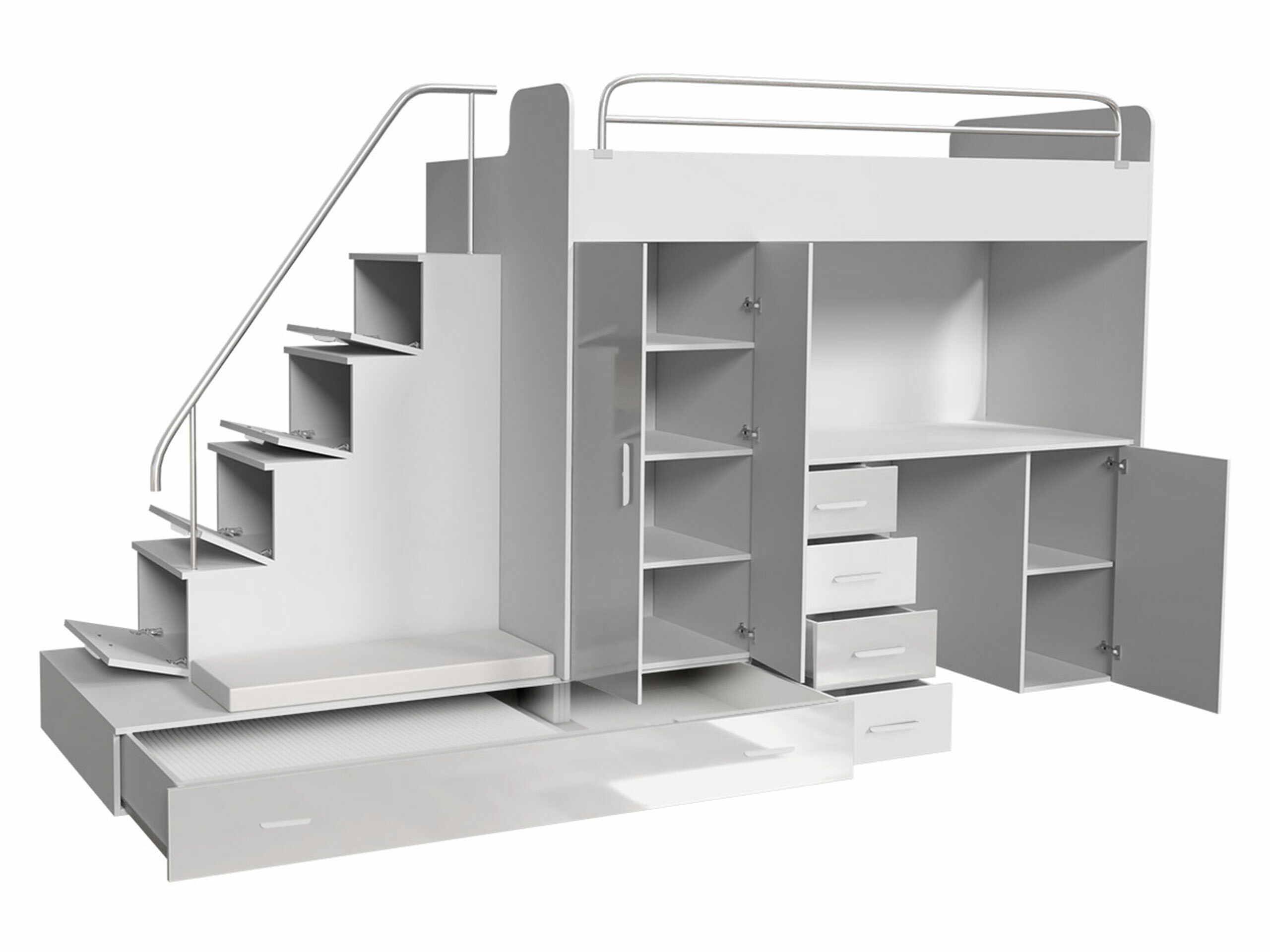 Chambre enfant complète Campus I (Blanc + Blanc brillant + Gris brillant)