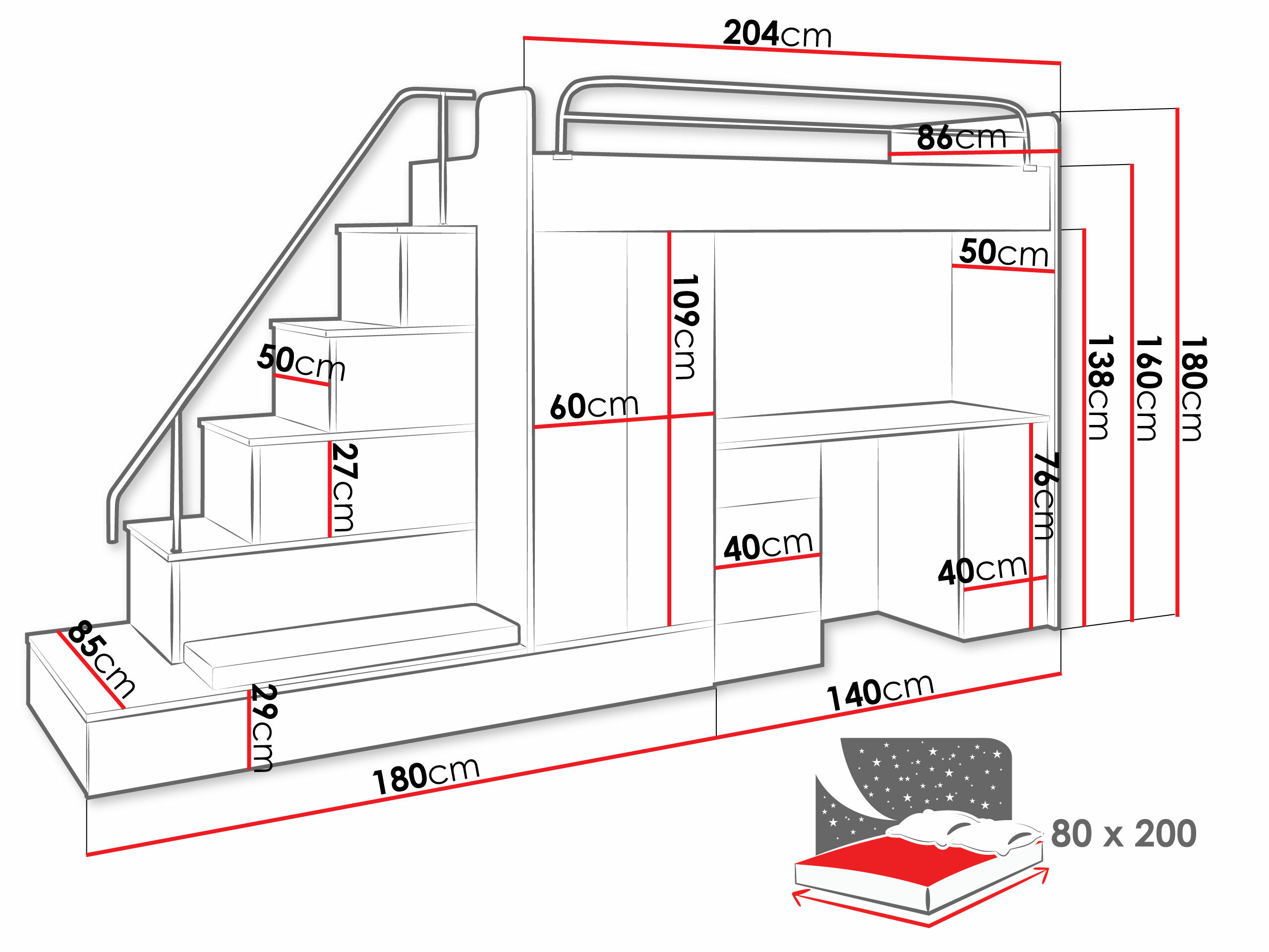 Chambre enfant complète Campus I (Blanc + Blanc brillant + Gris brillant)