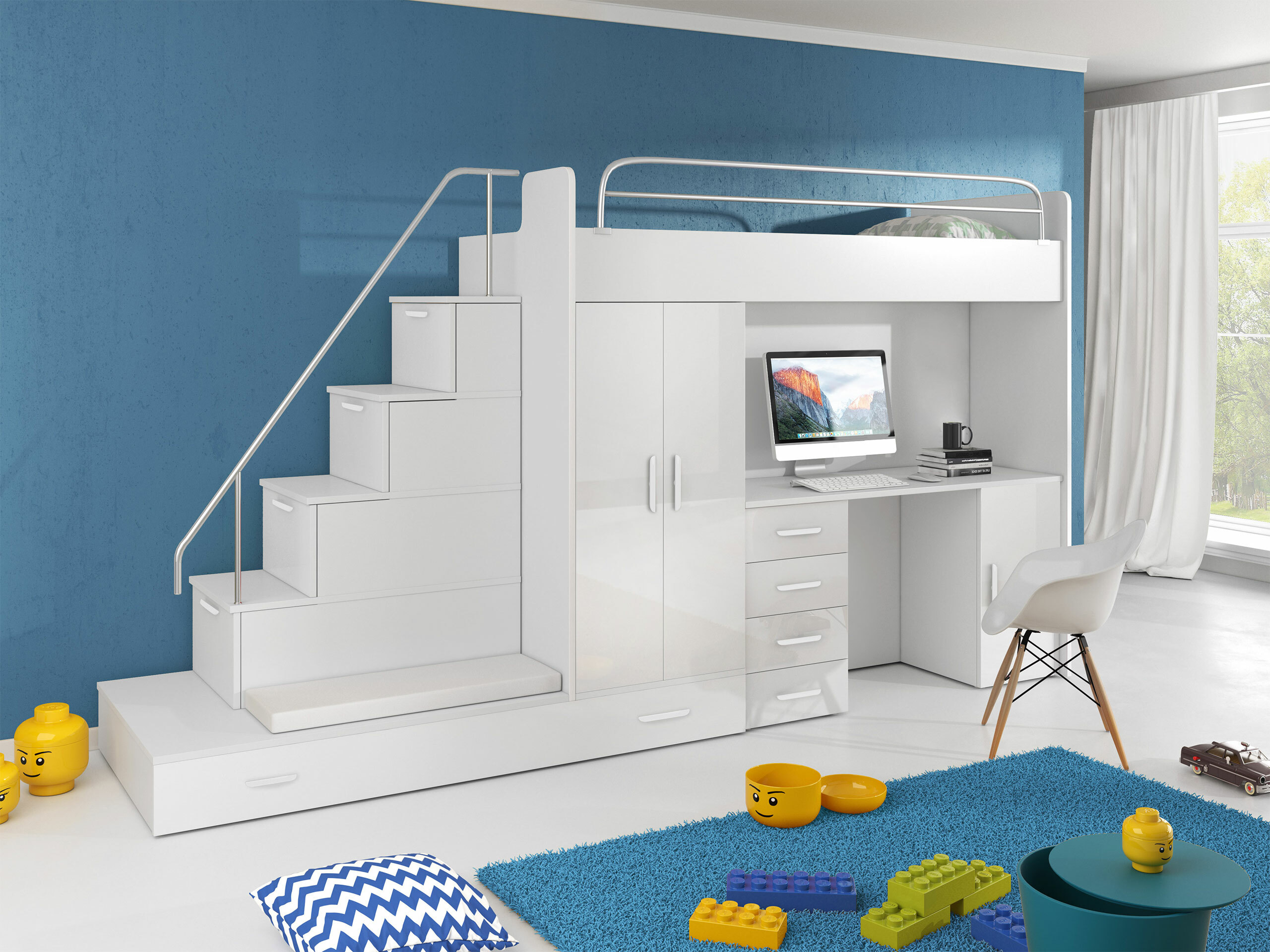 Chambre enfant complète Campus I (Blanc + Blanc brillant)