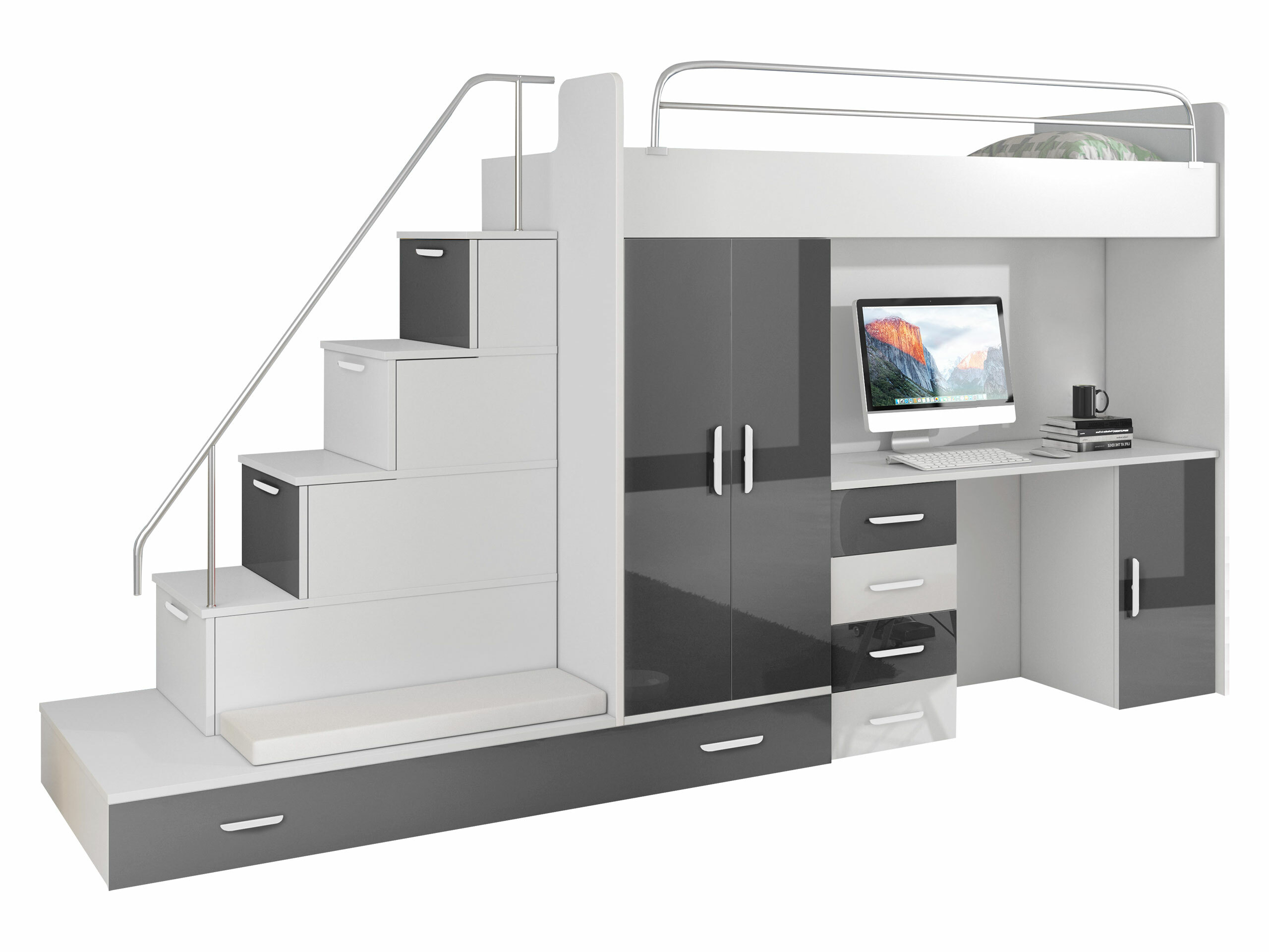 Chambre enfant complète Salmere 100 (Blanc + Blanc brillant + Gris brillant)