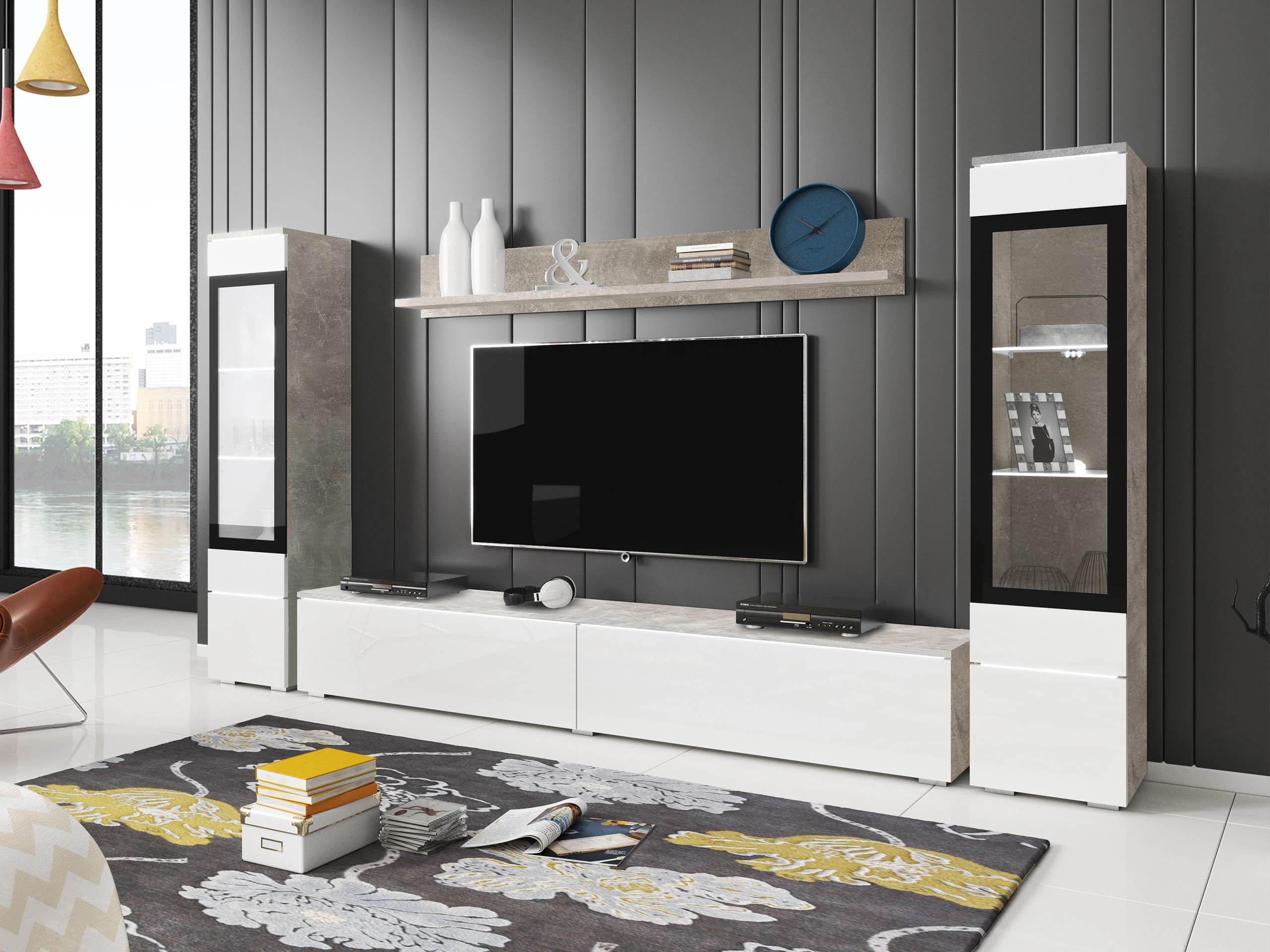 Ensemble de salon Sarasota 126 (Béton + Blanc brillant)