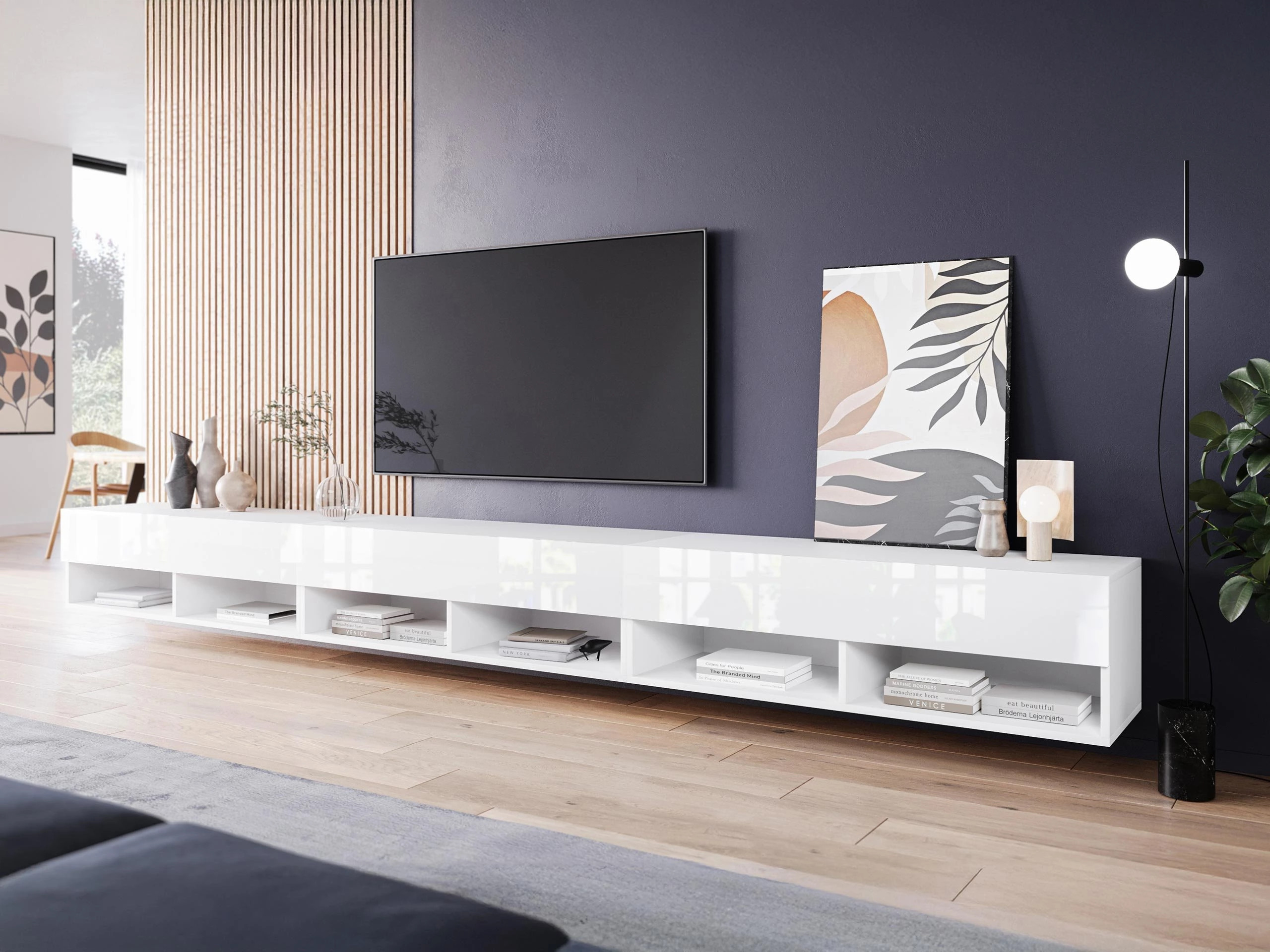 Meuble TV Sarasota 144 (Blanc + Blanc brillant)