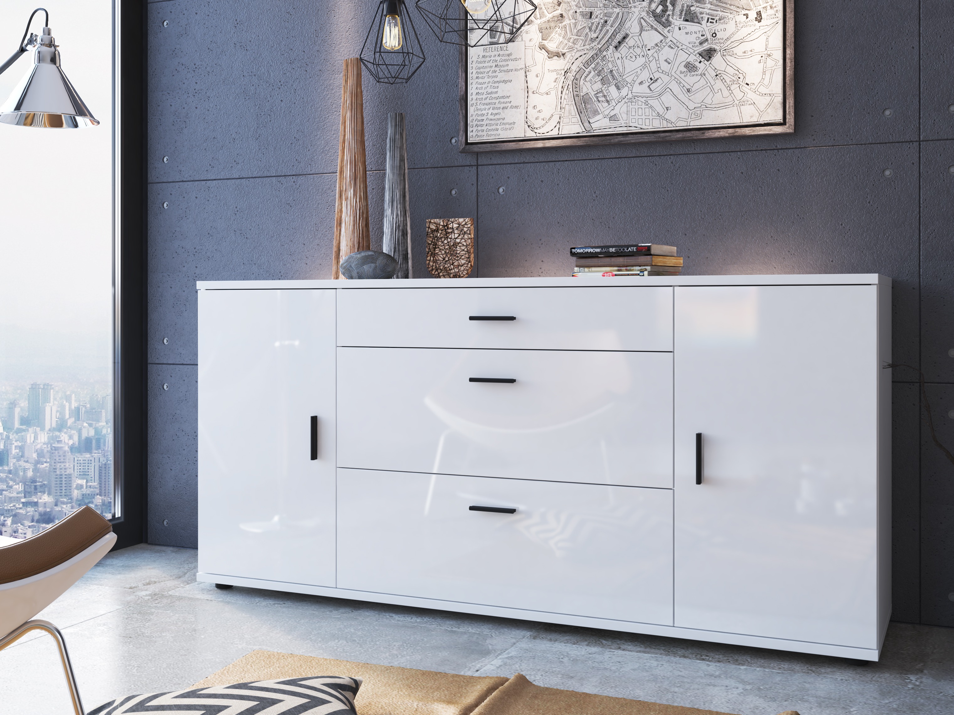 Commode Ontario 170 (Blanc brillant + Blanc)