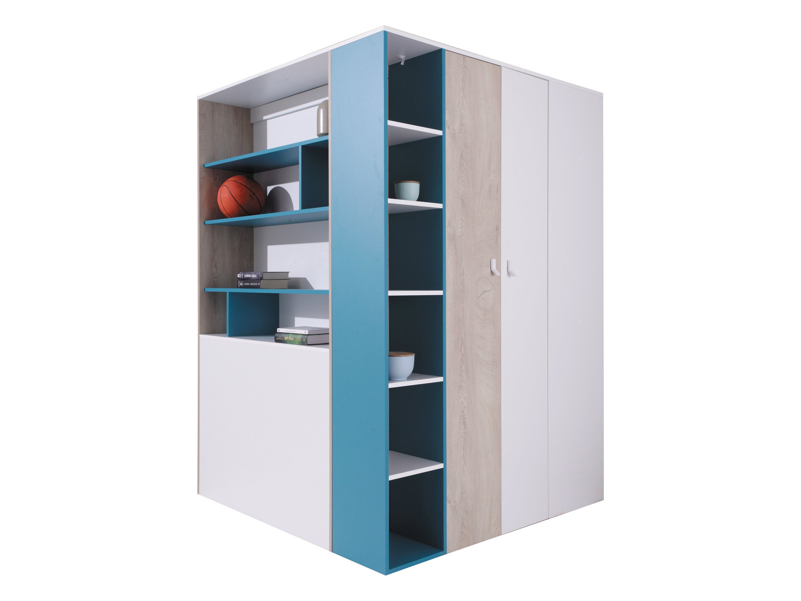 Armoire d'angle Camteso 113 (Blanc + Chêne + Turquoise)