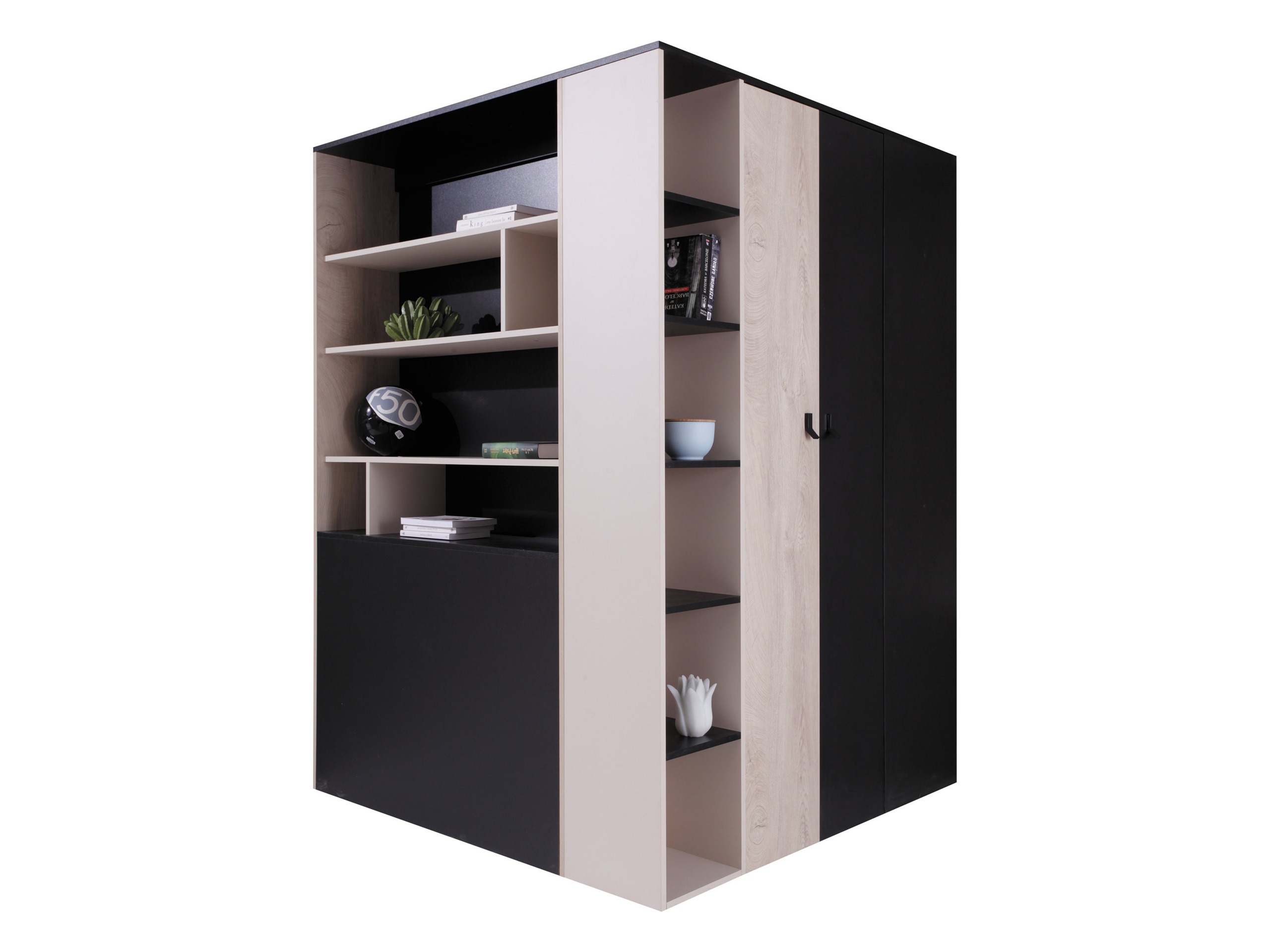 Armoire d'angle Camteso 113 (Noir + Chêne + Beige)
