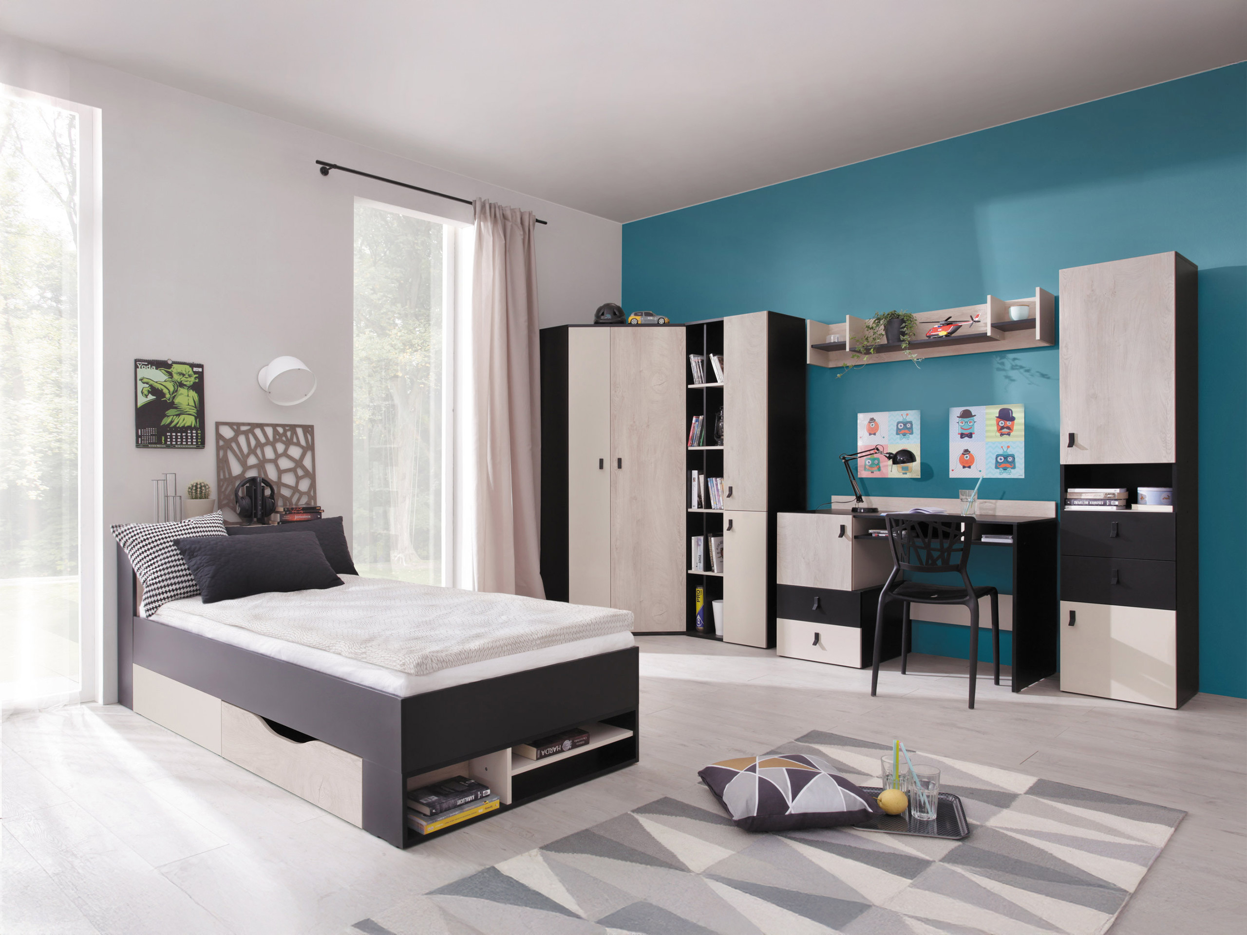 Chambre enfant complète Camteso 114 (Noir + Chêne + Beige)