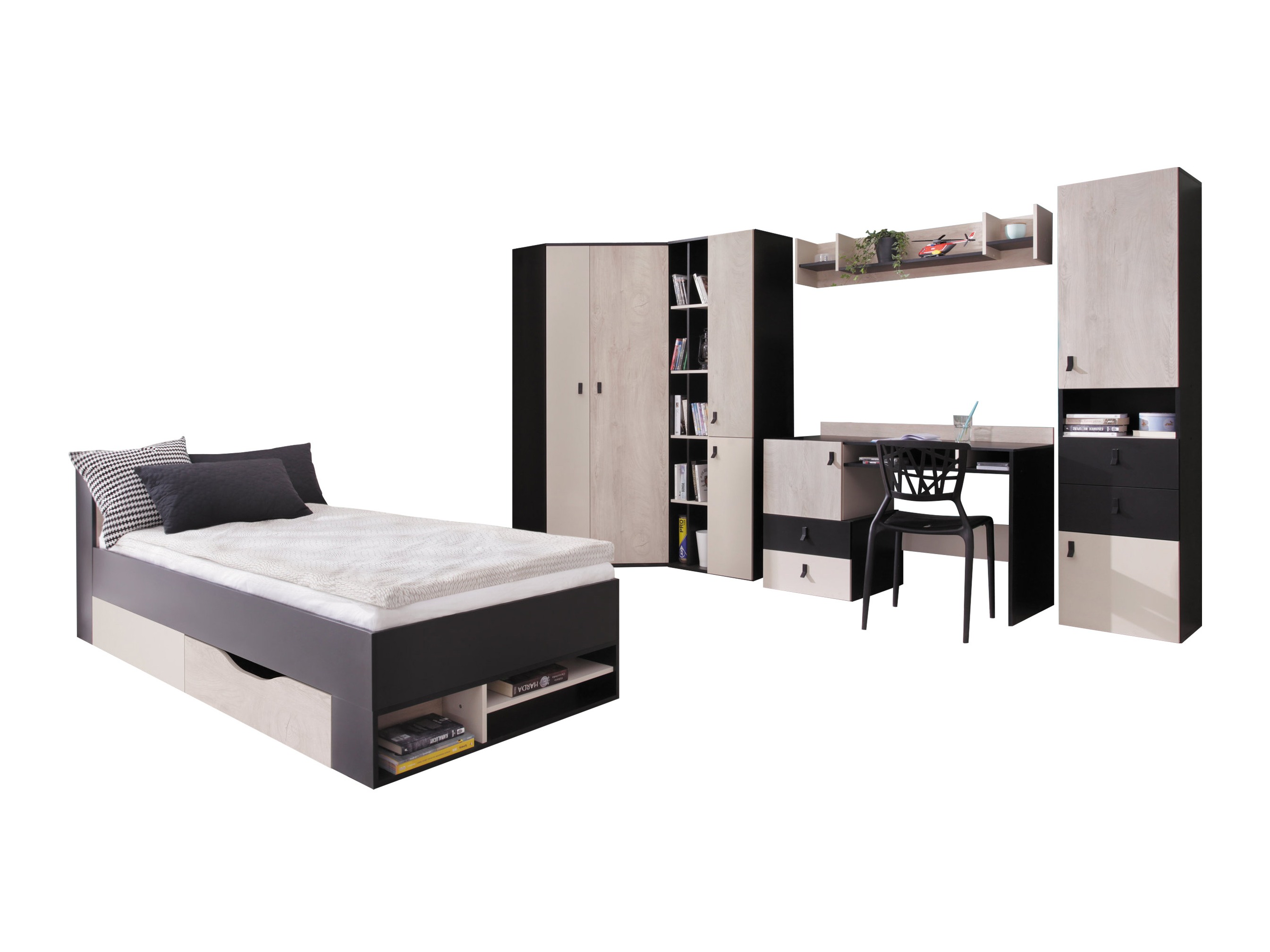 Chambre enfant complète Camteso 114 (Noir + Chêne + Beige)