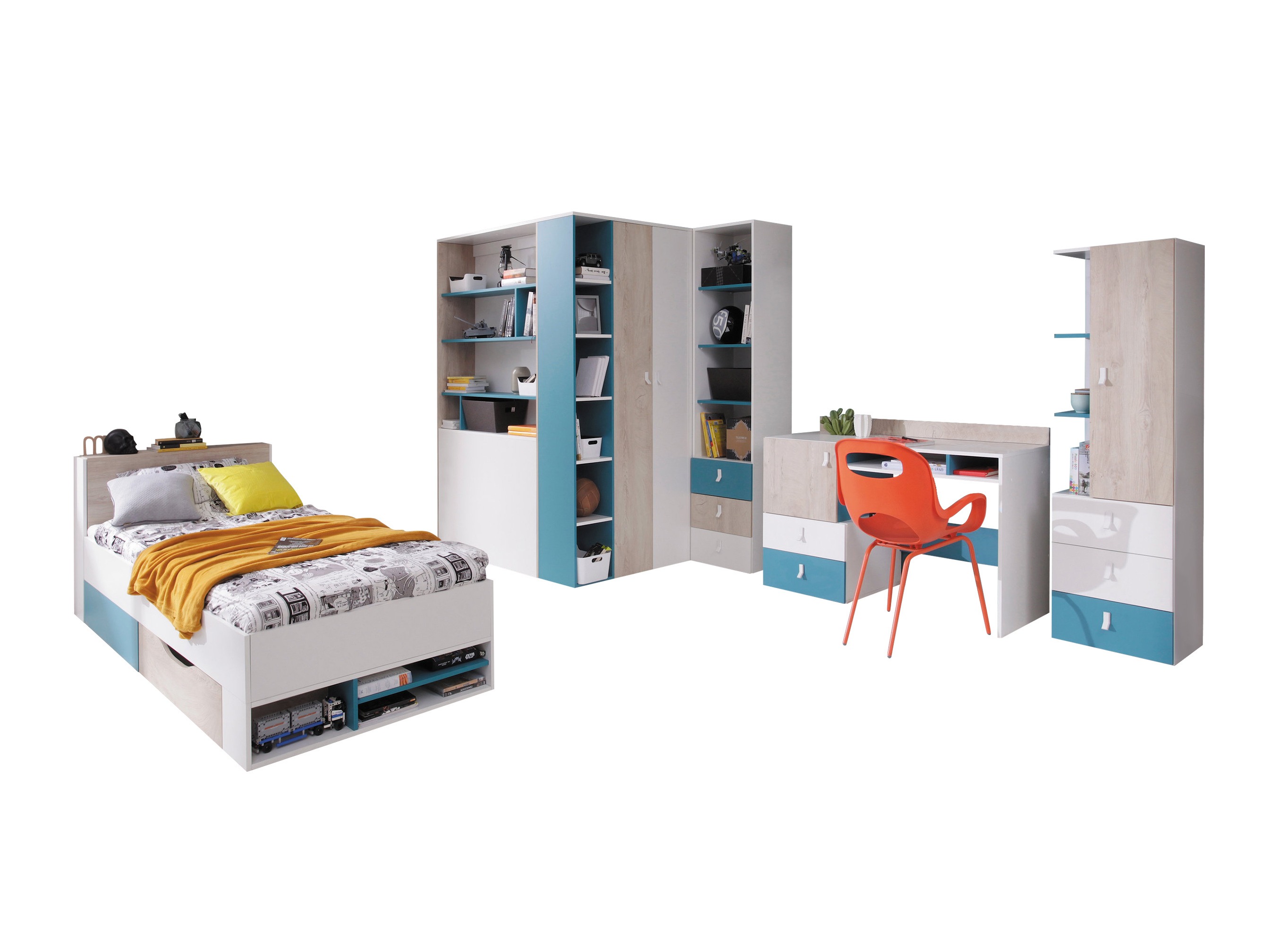 Chambre enfant complète Camteso 115 (Blanc + Chêne + Turquoise)