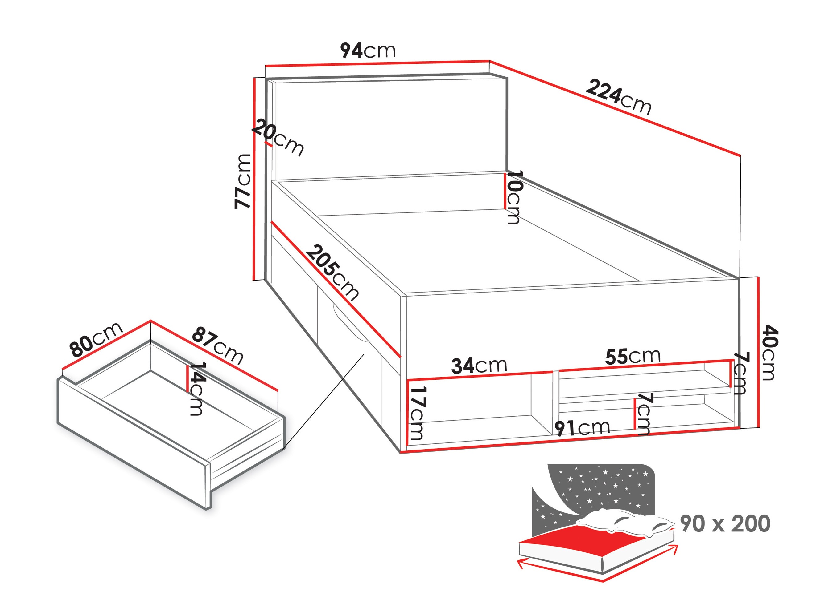 Lit Camteso 112 (Blanc + Chêne + Turquoise)