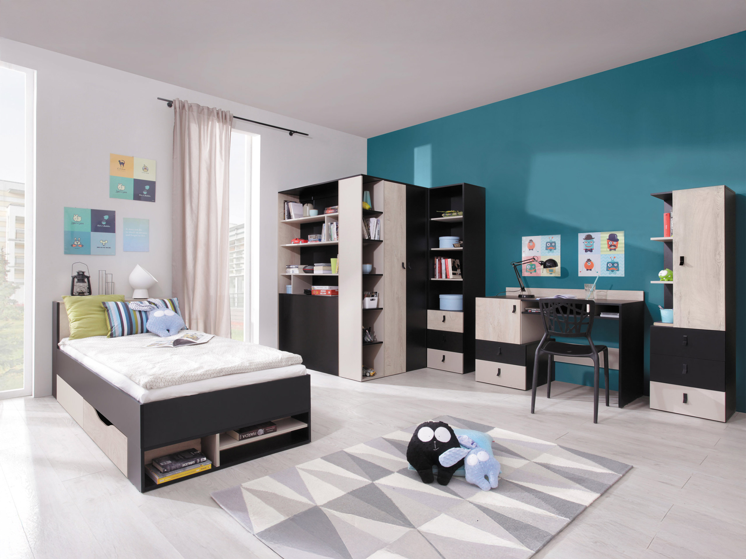 Lit Camteso 112 (Noir + Chêne + Beige)