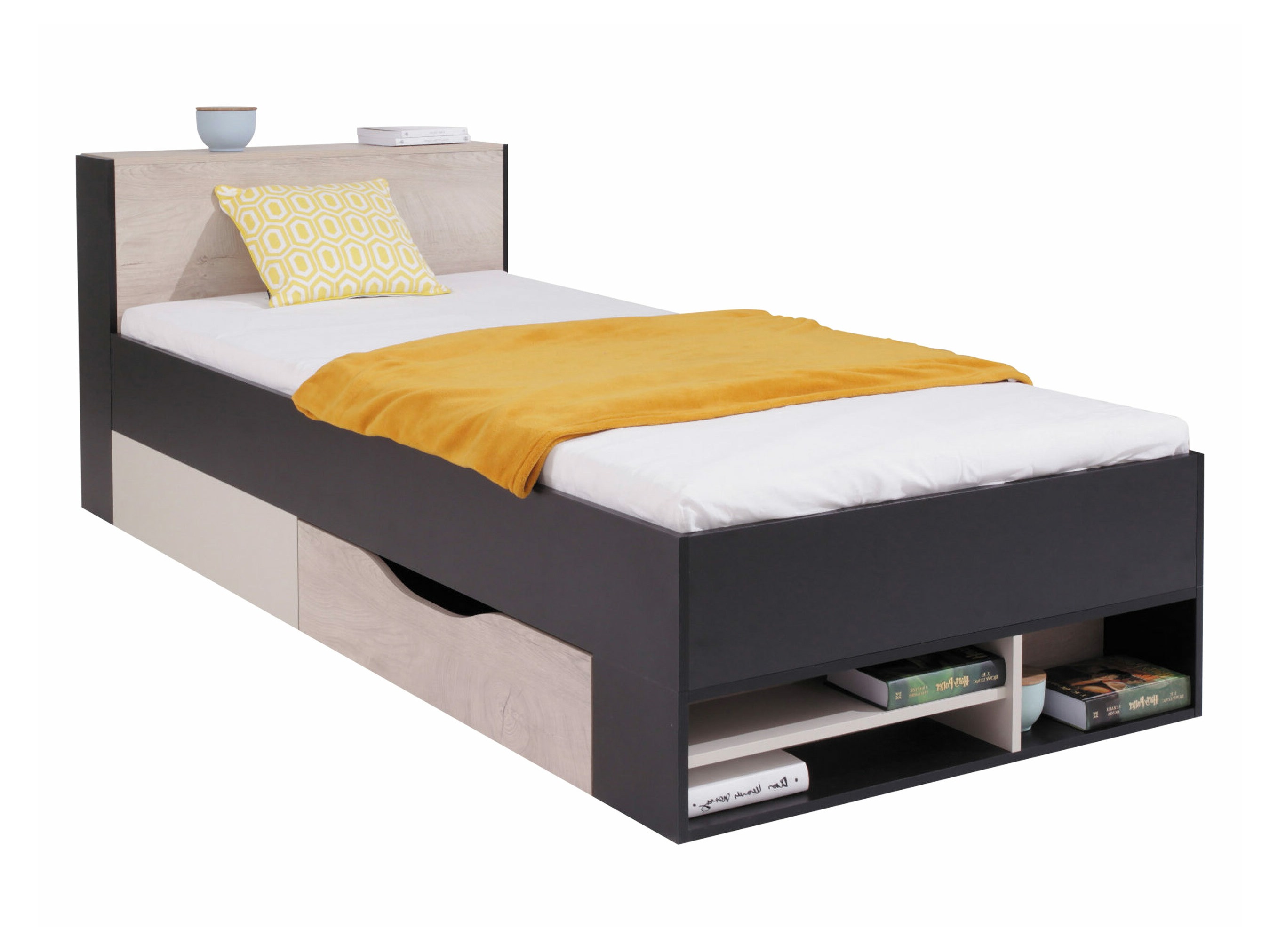 Lit Camteso 112 (Noir + Chêne + Beige)