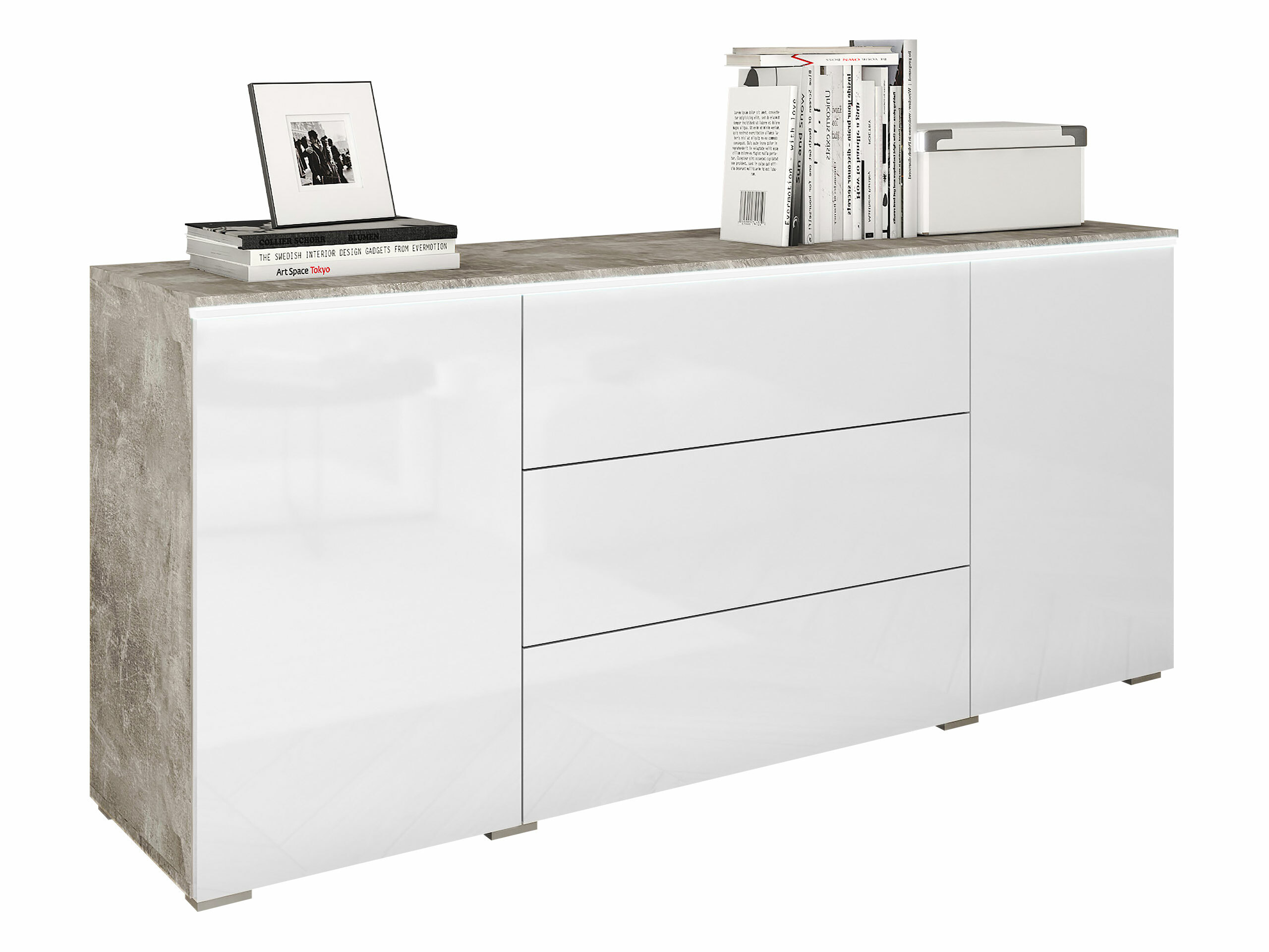 Commode Mirfivo 102 (Béton + Blanc brillant)