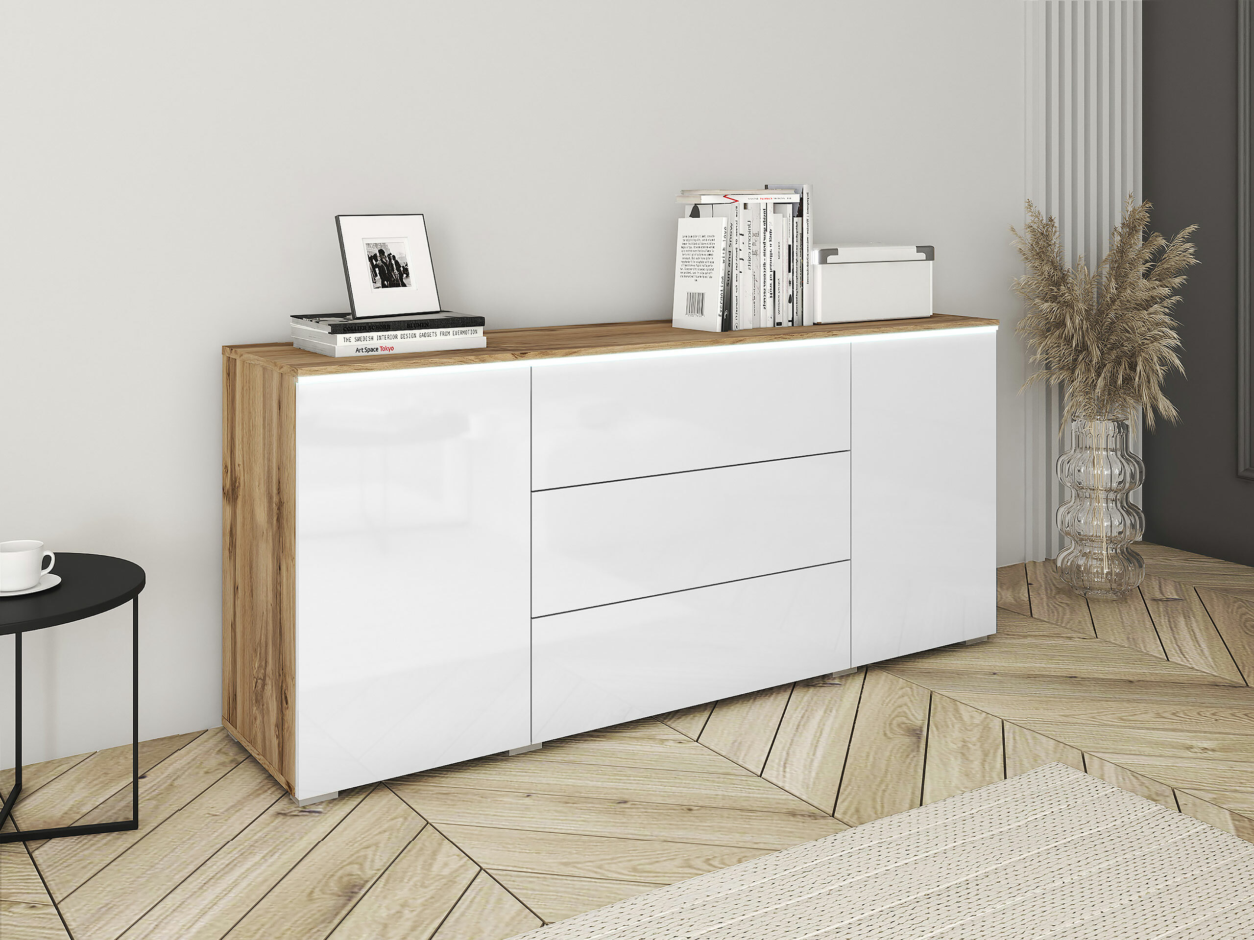 Commode Mirfivo 102 (Chêne wotan + Blanc brillant)