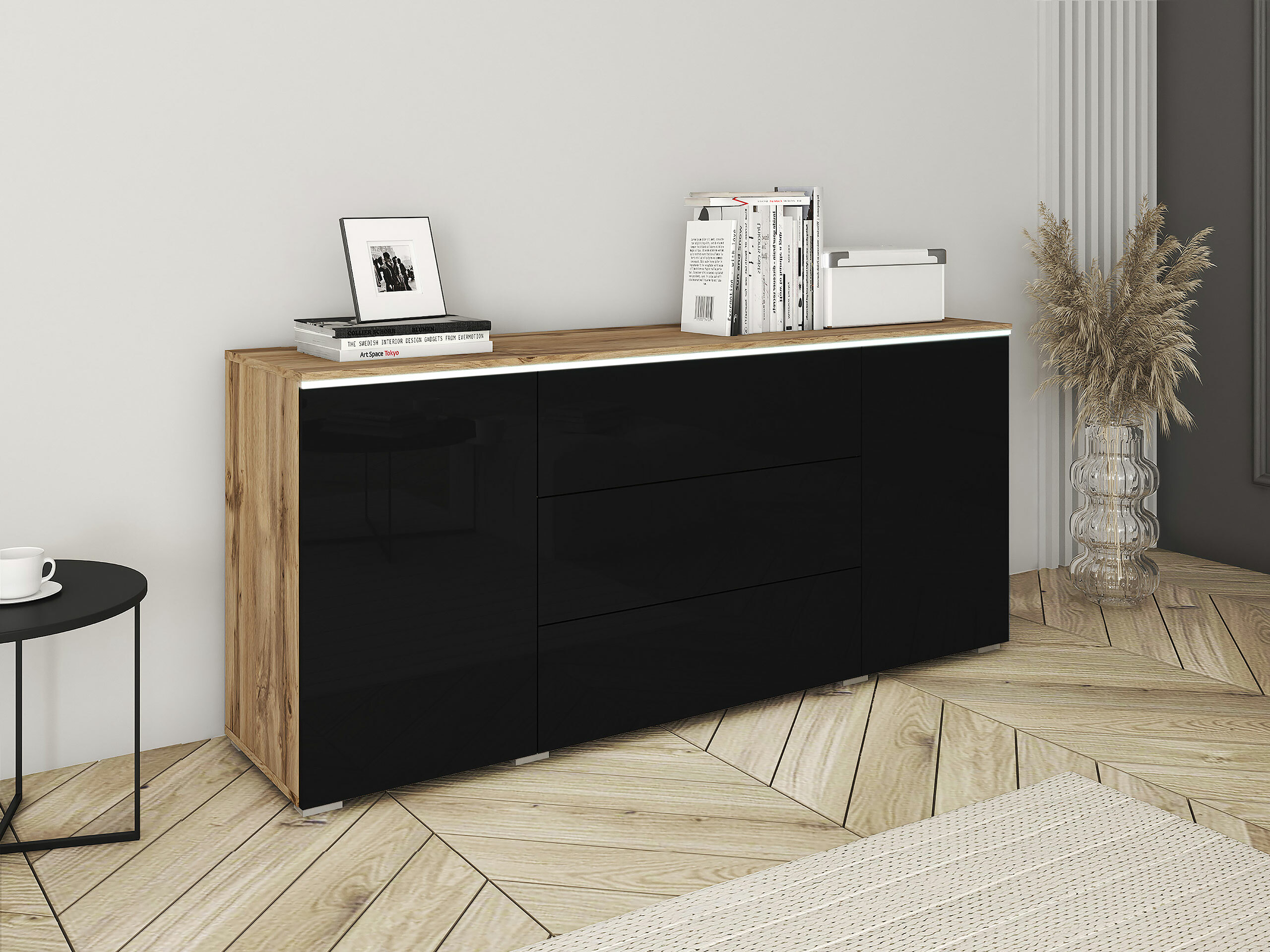 Commode Mirfivo 102 (Chêne wotan + Noir brillant)