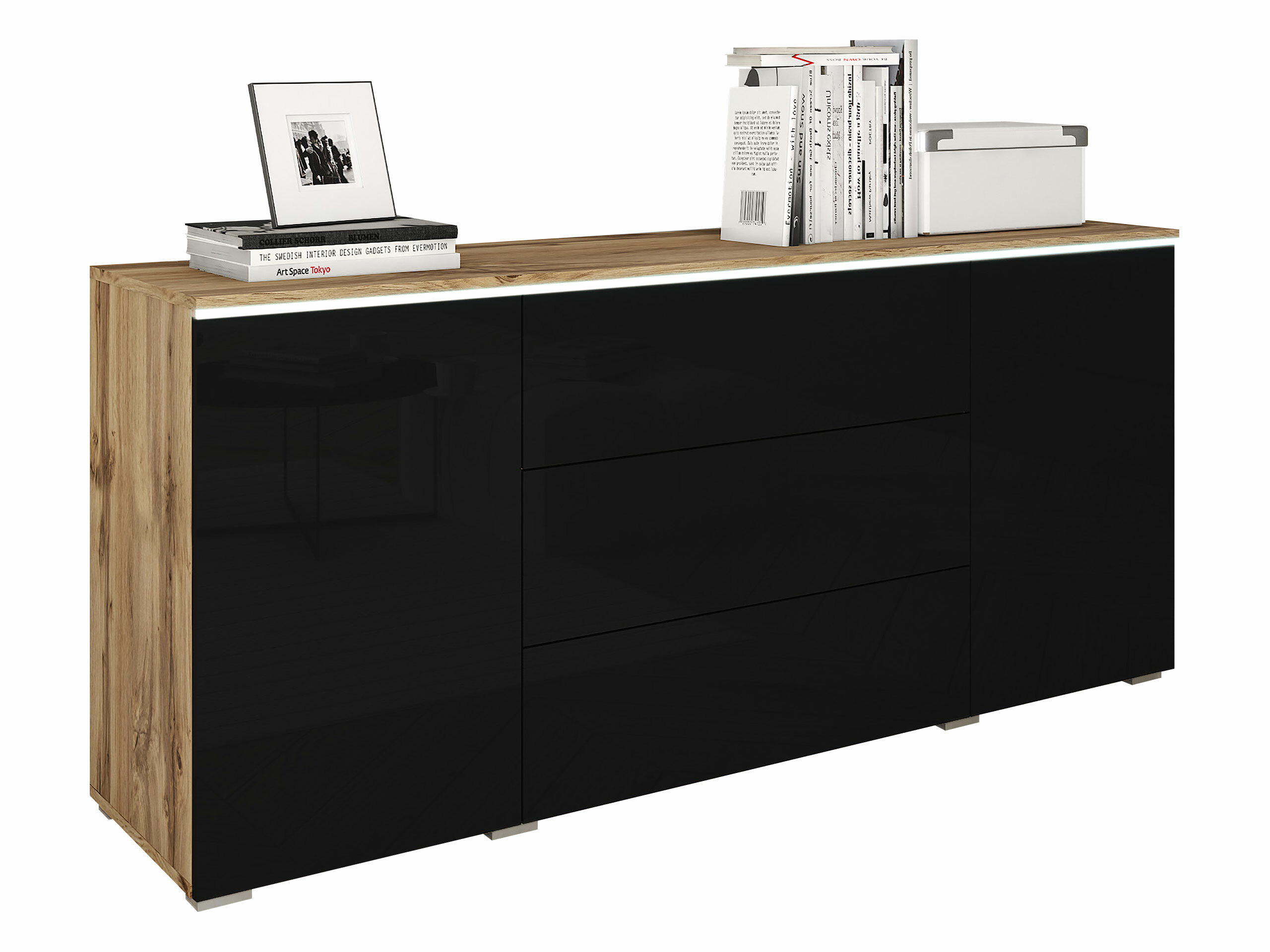 Commode Mirfivo 102 (Chêne wotan + Noir brillant)