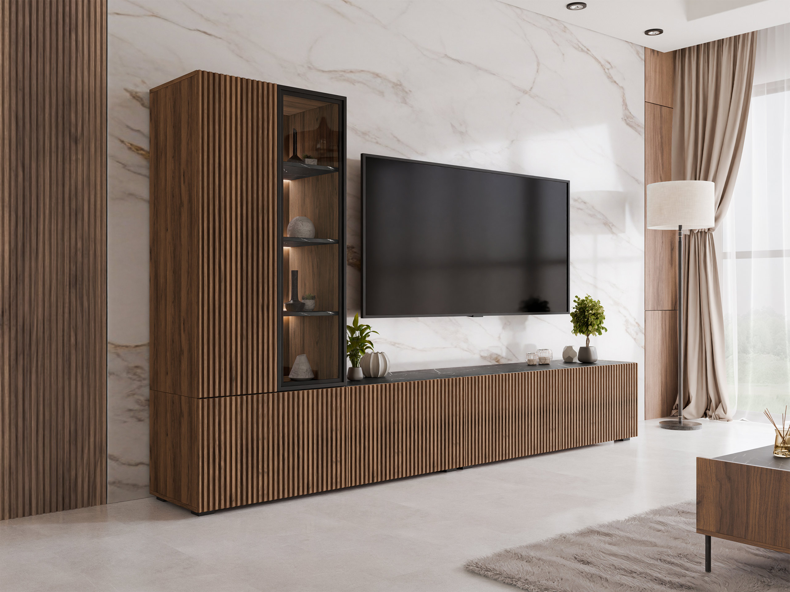 Ensemble de salon Comfivo 599 (Noyer + Marbre noir)