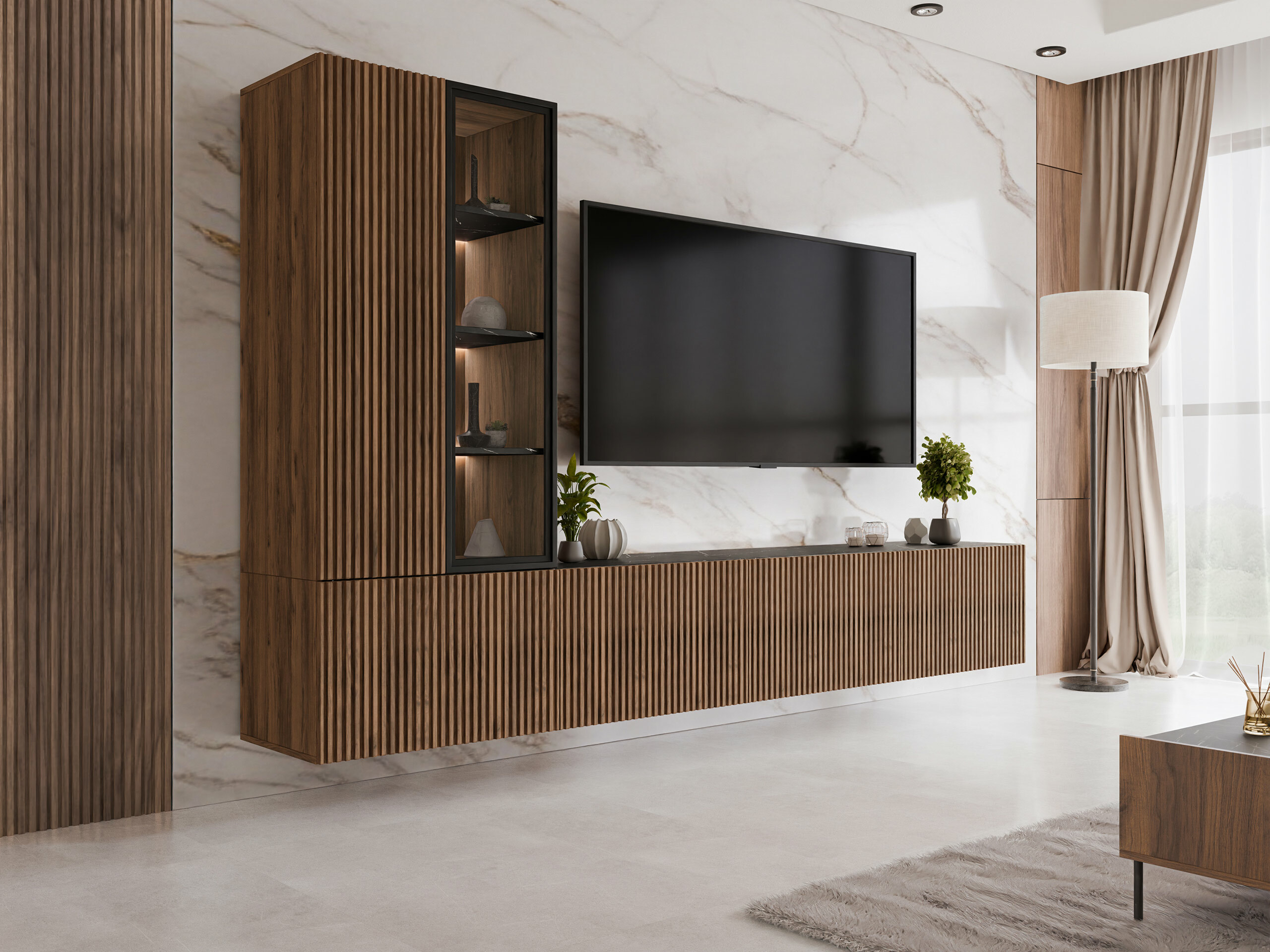 Ensemble de salon Comfivo 599 (Noyer + Marbre noir)