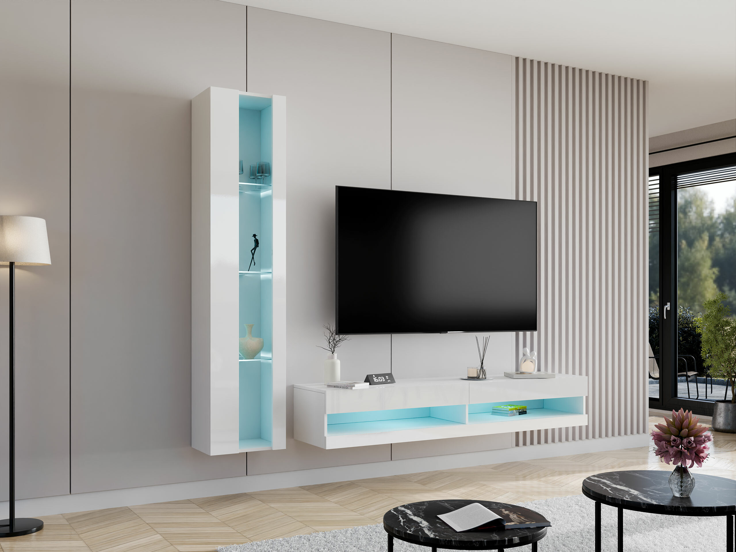 Meuble TV Vilrin (Blanc + Blanc brillant)