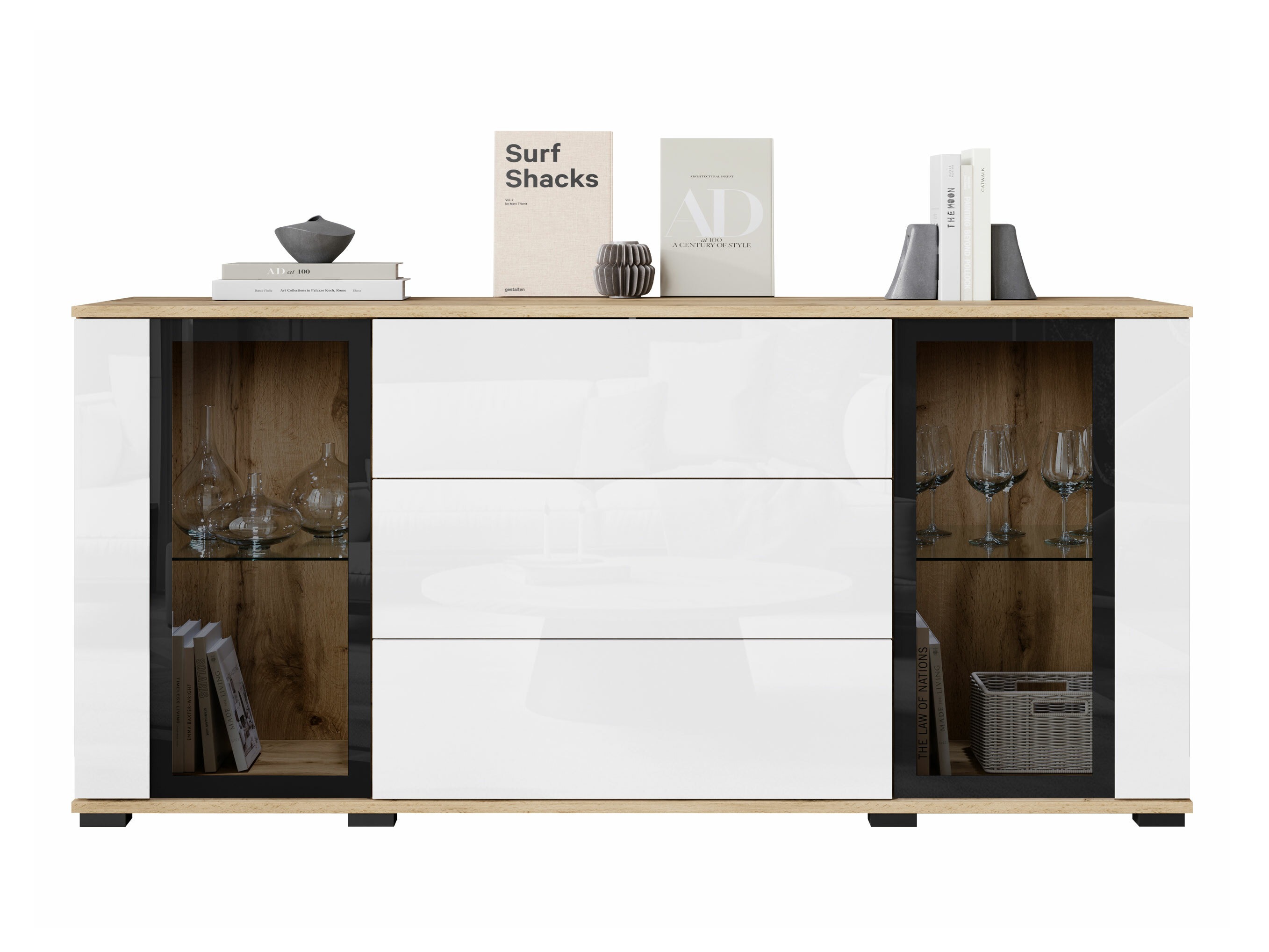 Commode Torcame 101 (Chêne wotan + Blanc brillant)