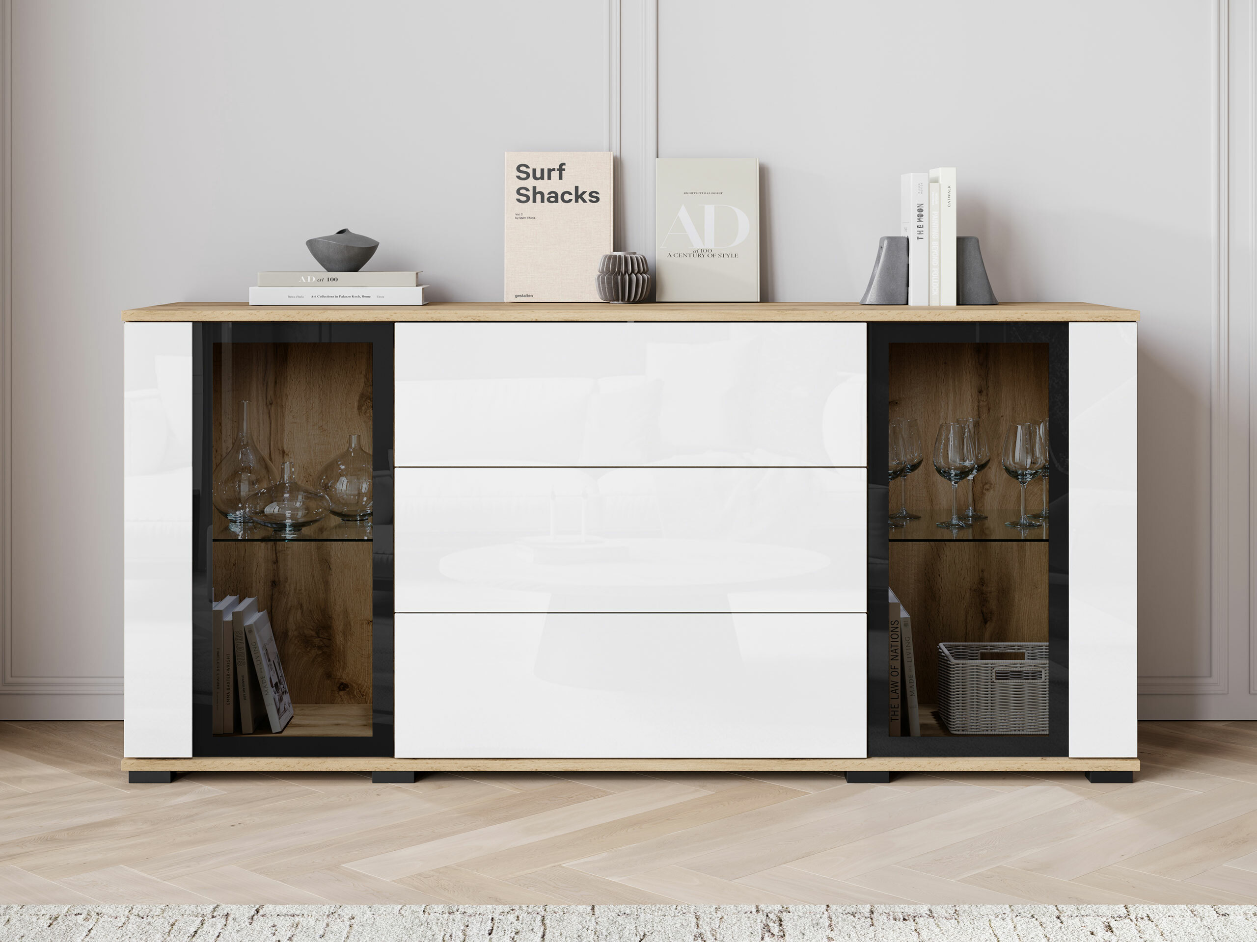 Commode Torcame 101 (Chêne wotan + Blanc brillant)