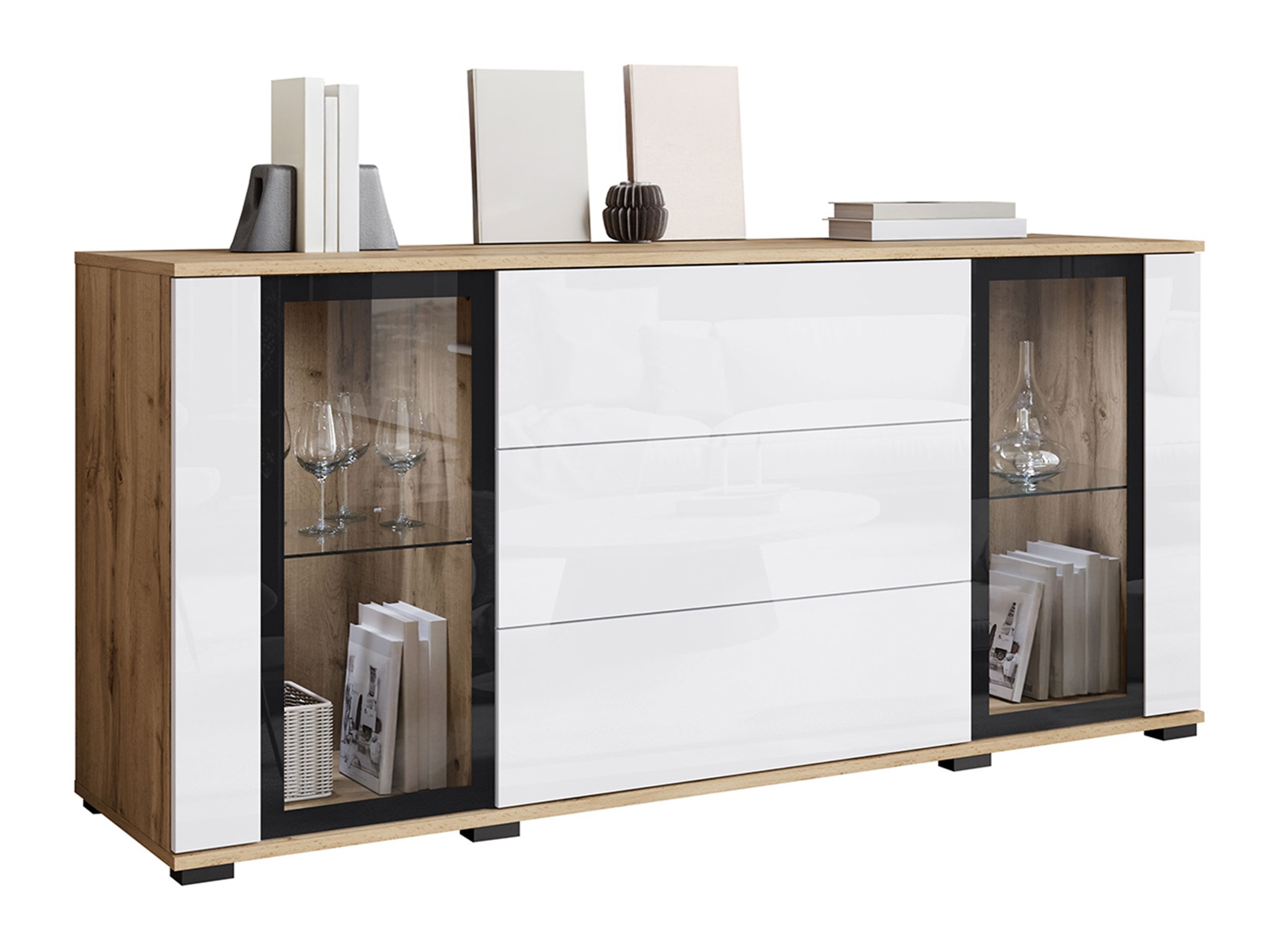 Commode Torcame 101 (Chêne wotan + Blanc brillant)